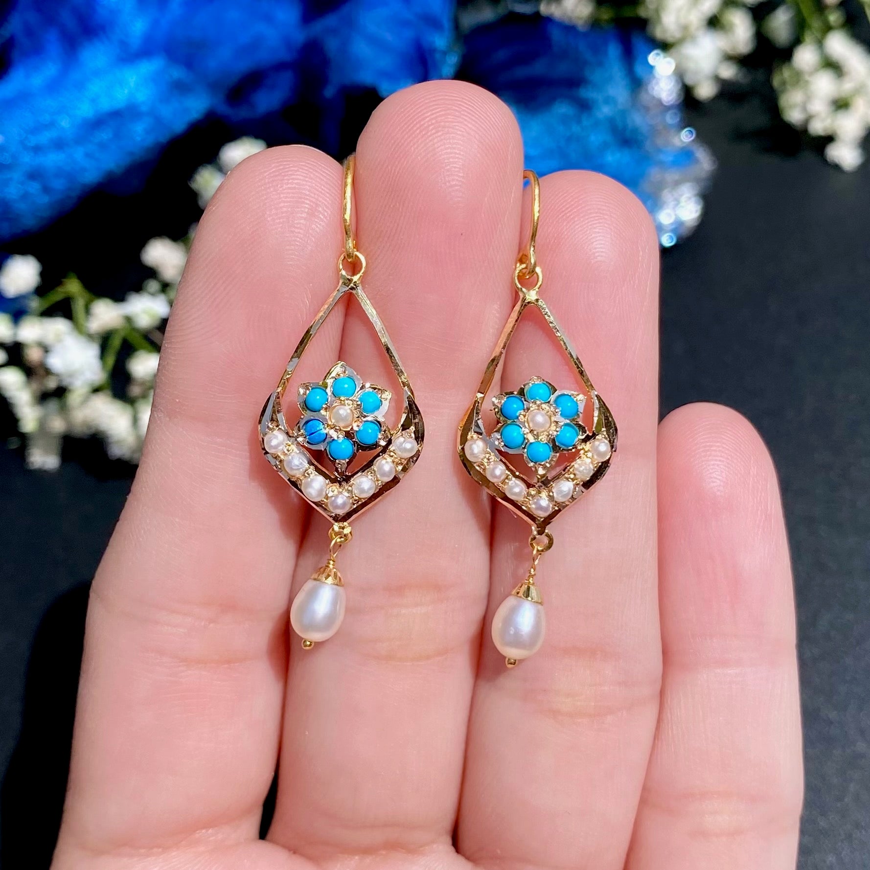 Light Weight Firoza Earrings on 22k Gold | Fishhook Closure GER | Gold Gifts for Her GER 116