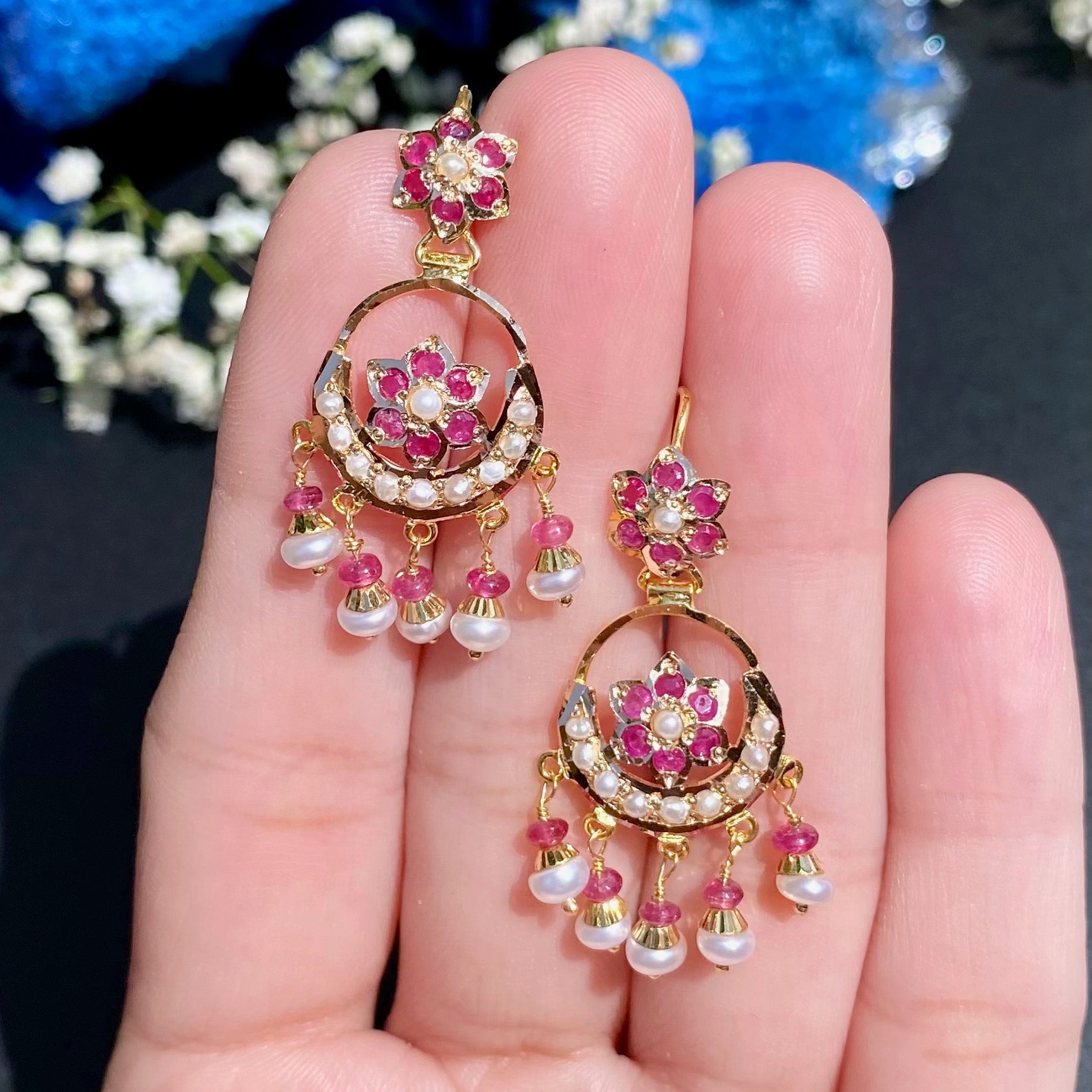 Small Jadau Earrings on 22k Gold | Fishhook Chandbali | Real Rubies and Pearls GER 117
