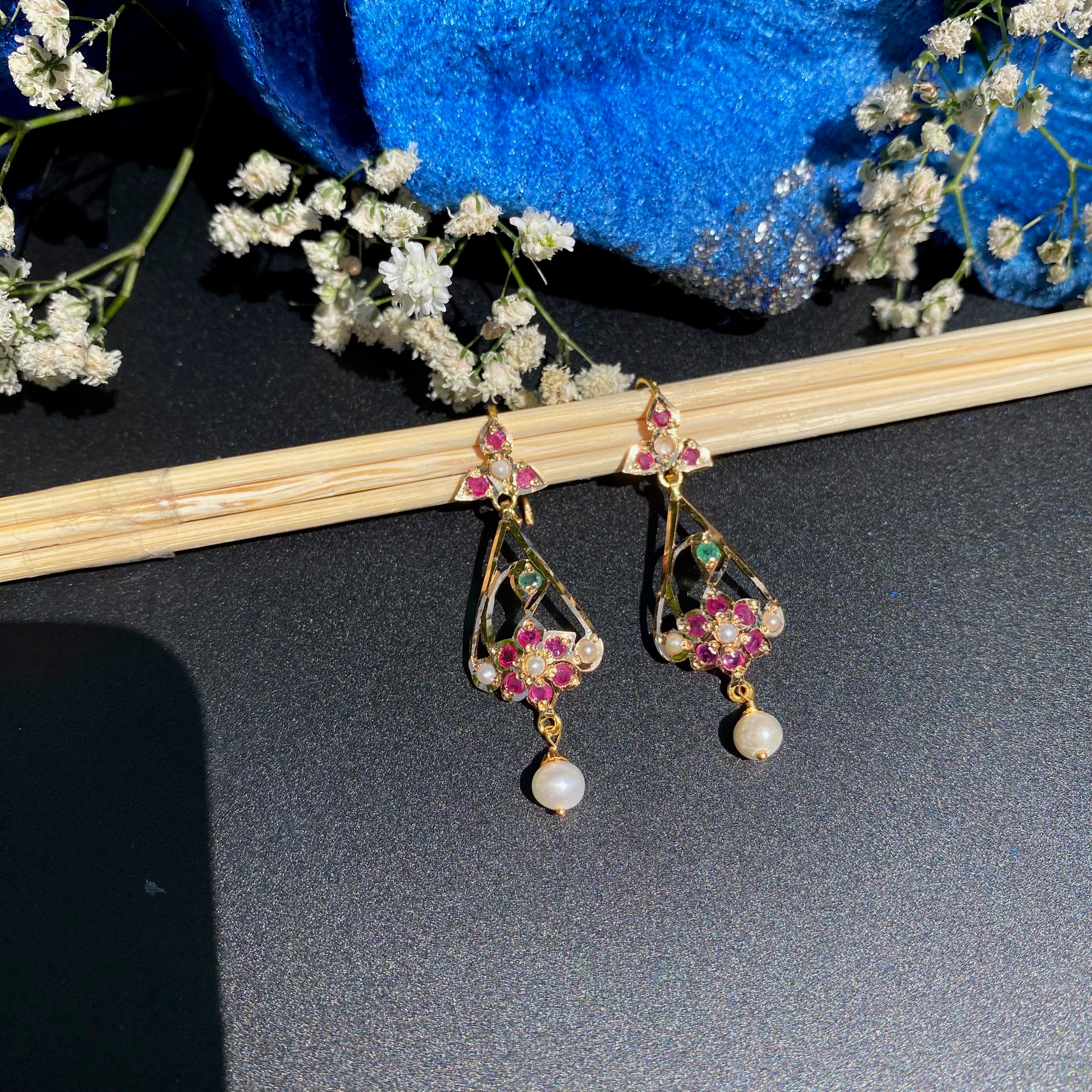 Dainty Gold Earrings Studded with Pearls Rubies and Emeralds | Lightweight Earrings on 22k GoldGER 112