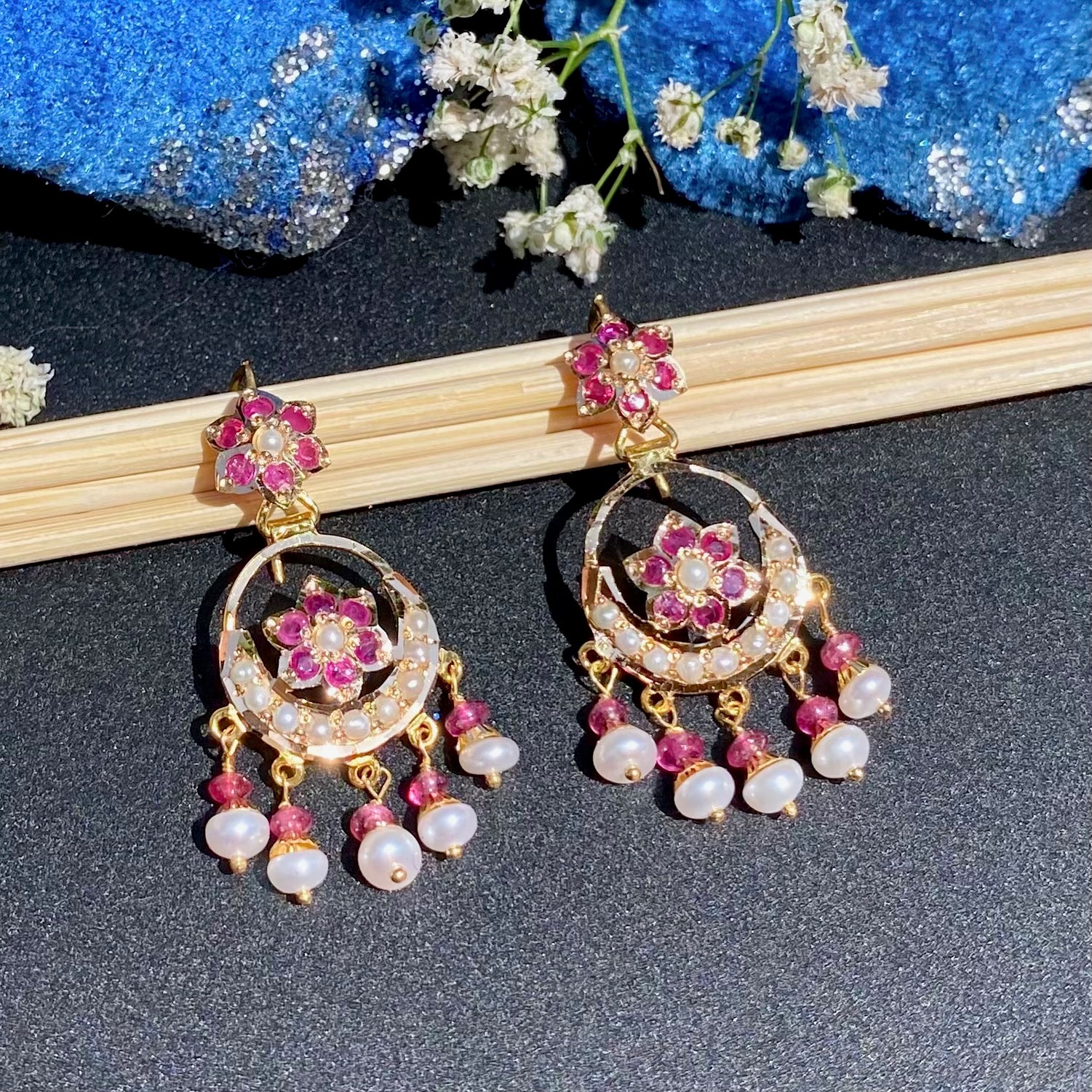 Small Jadau Earrings on 22k Gold | Fishhook Chandbali | Real Rubies and Pearls GER 117