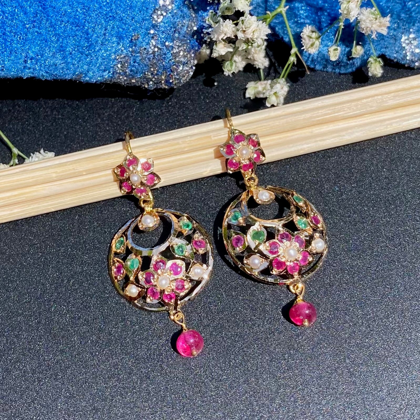 Delicate Jadau Chandbali on 22k Gold | Fishhook Closure | Real Rubies and Emeralds GER 114