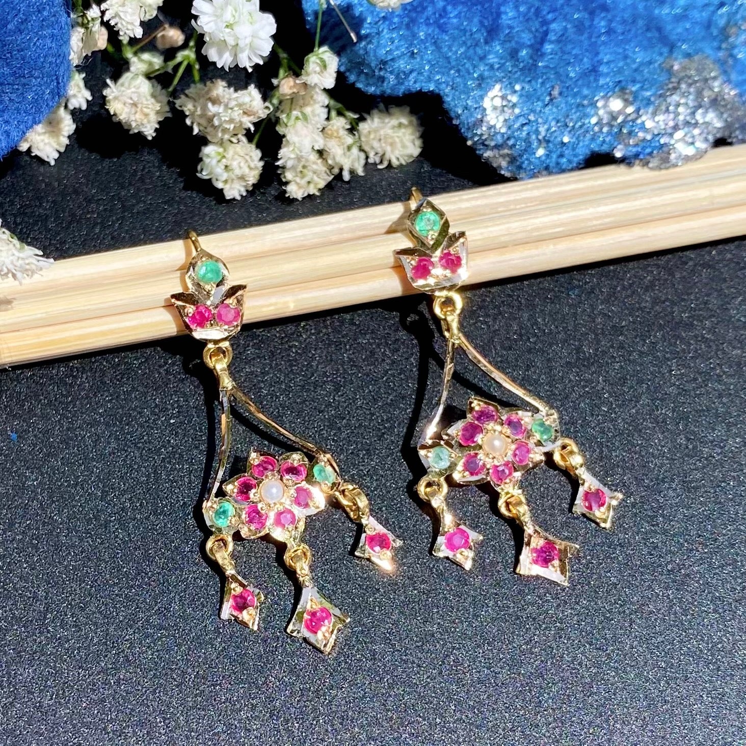 Cute Jadau Earrings on 22k Gold | Fishhook Closure | Real Rubies and Emeralds GER 115
