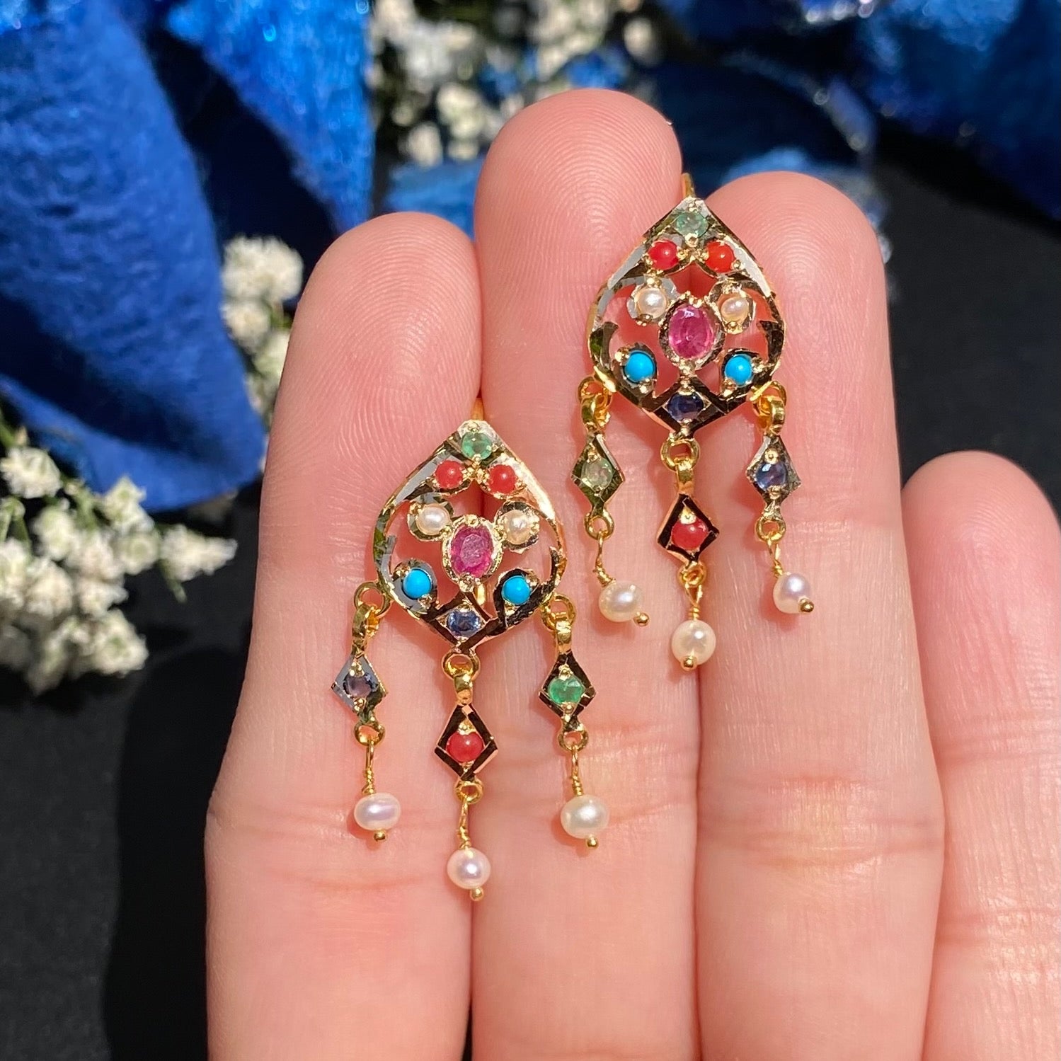 Cute and Dainty Gold Earrings | Navratna Stones on 22k Gold Base GER 111