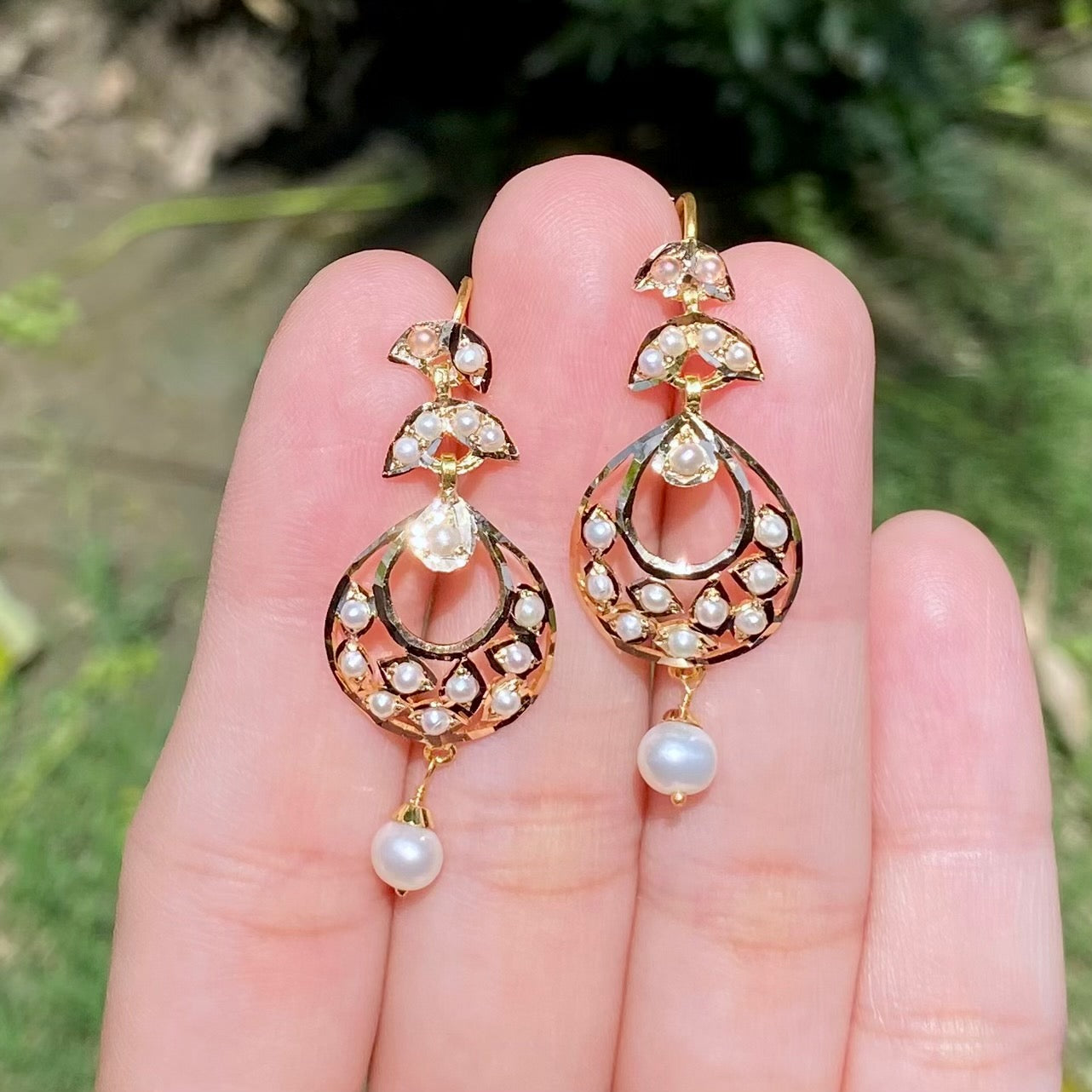 Delicate Jadau Chandbali Earrings on 22k Gold | Freshwater Pearls Studded GER 121