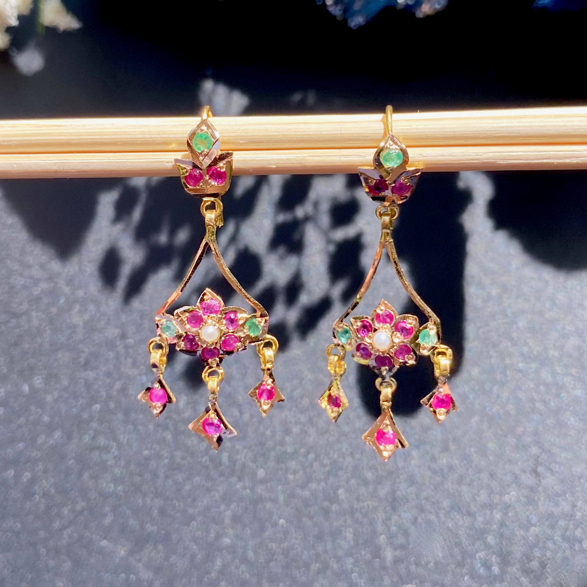 Cute Jadau Earrings on 22k Gold | Fishhook Closure | Real Rubies and Emeralds GER 115