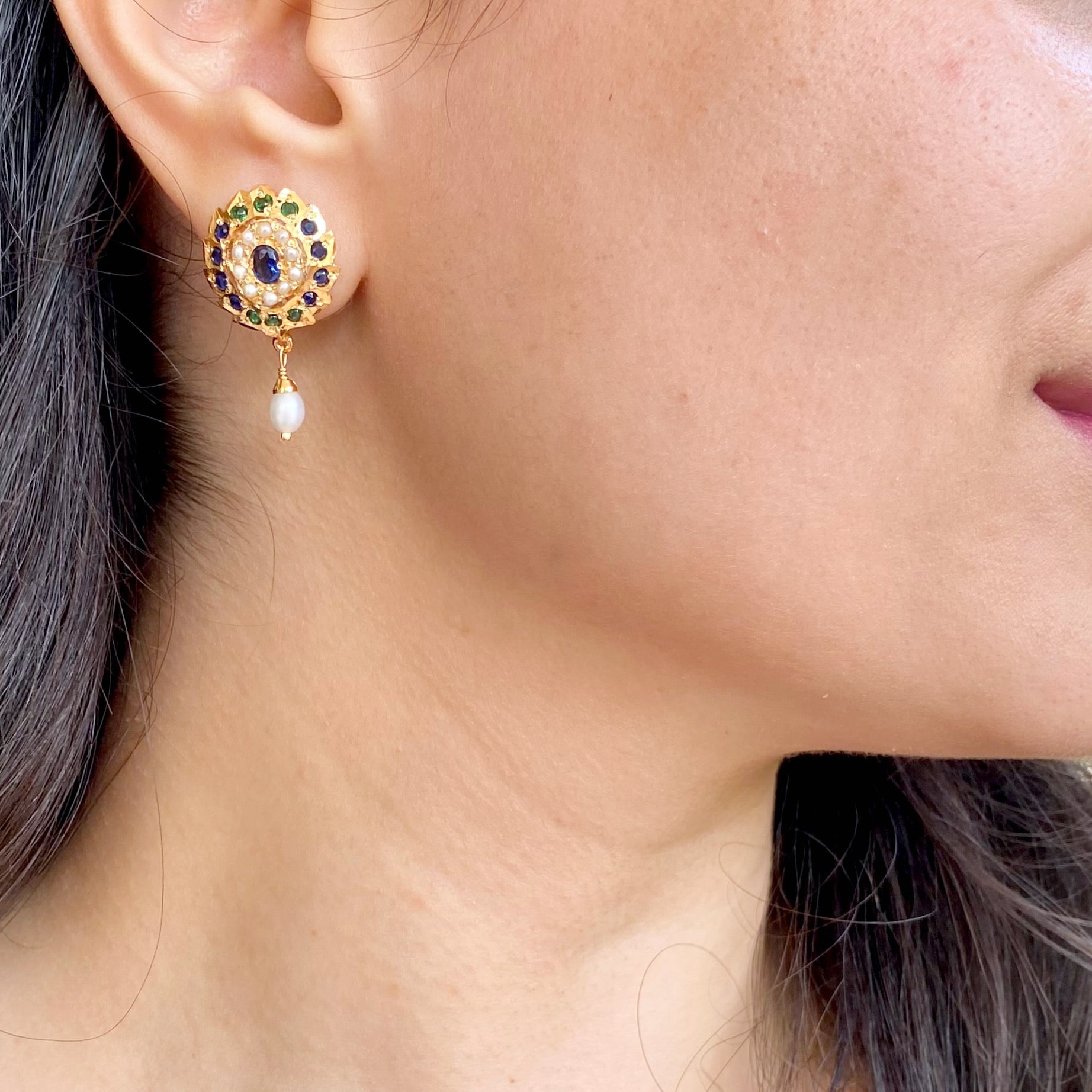 Oval Shaped Studs For Women | Gold Plated Multicoloured Jadau Tops ER 669