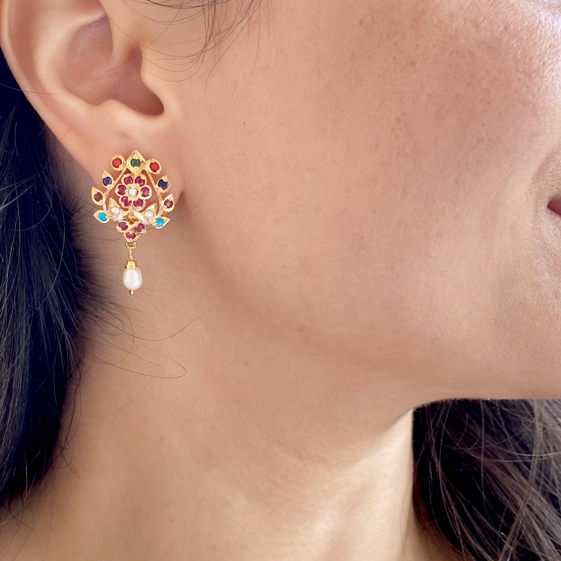 Gold Plated Navratna Earrings | Jadau Studs on Sterling Silver ER 671