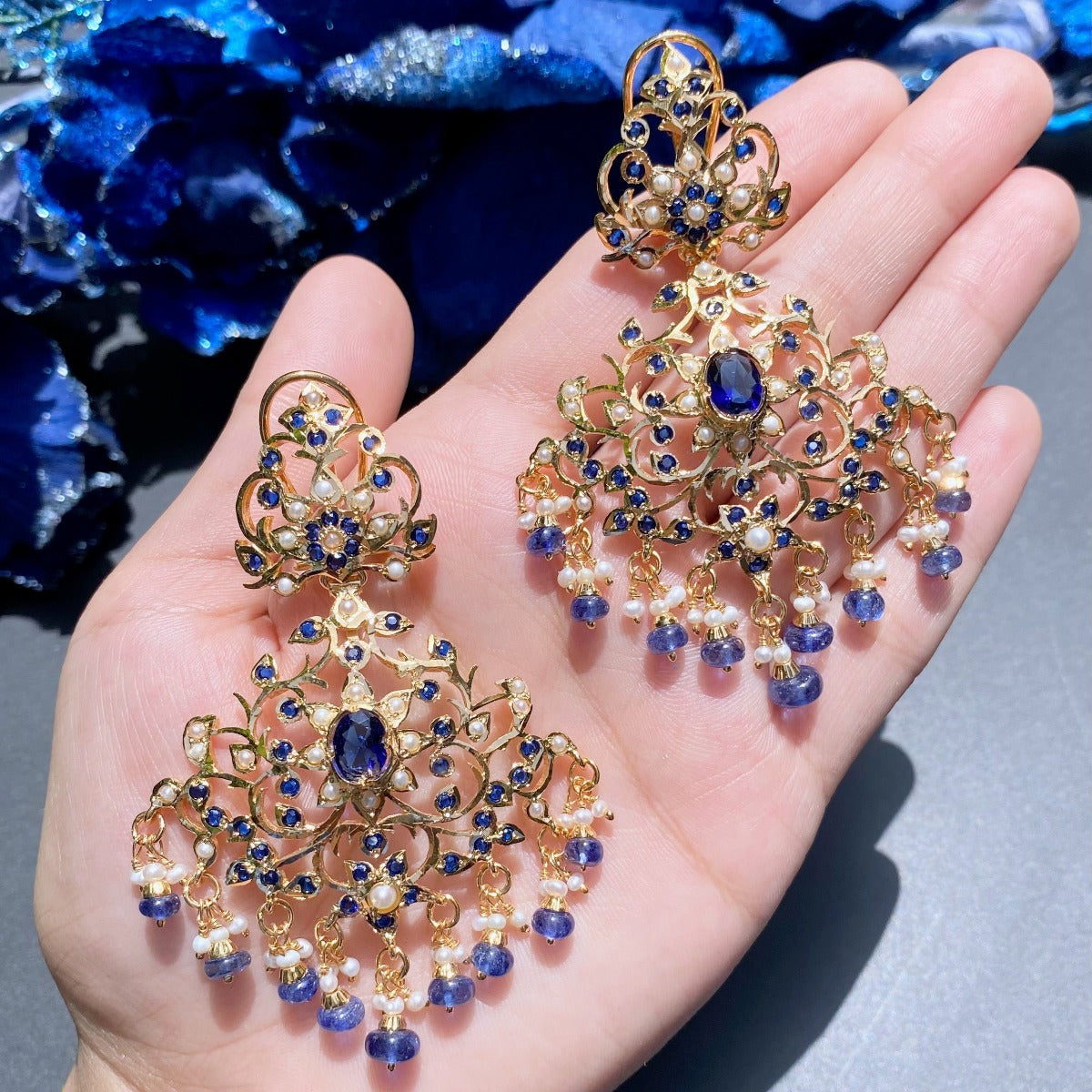 blue sapphire earrings in silver with gold plating