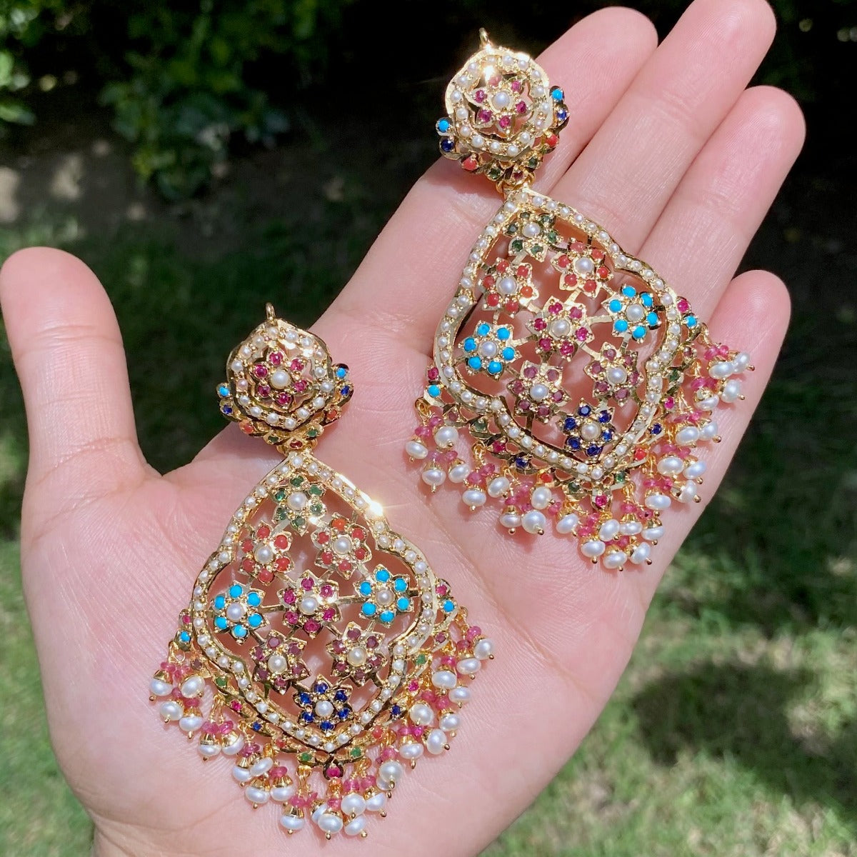 gold plated earrings in navratna