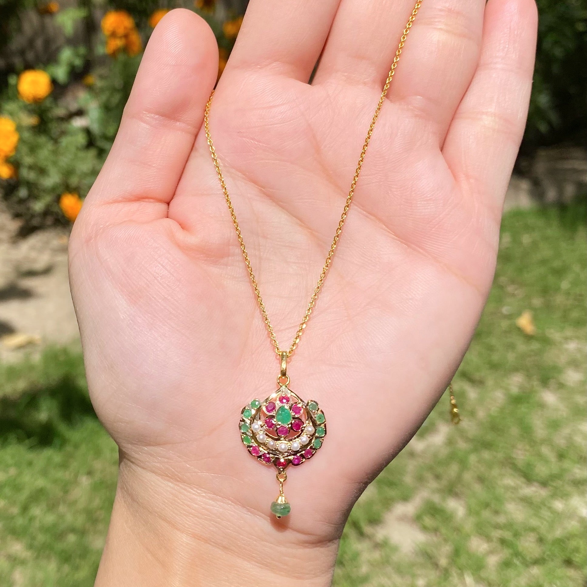 Ruby Emerald Jadau Pendant on 22k Gold | Studded with Precious Stones GP 022