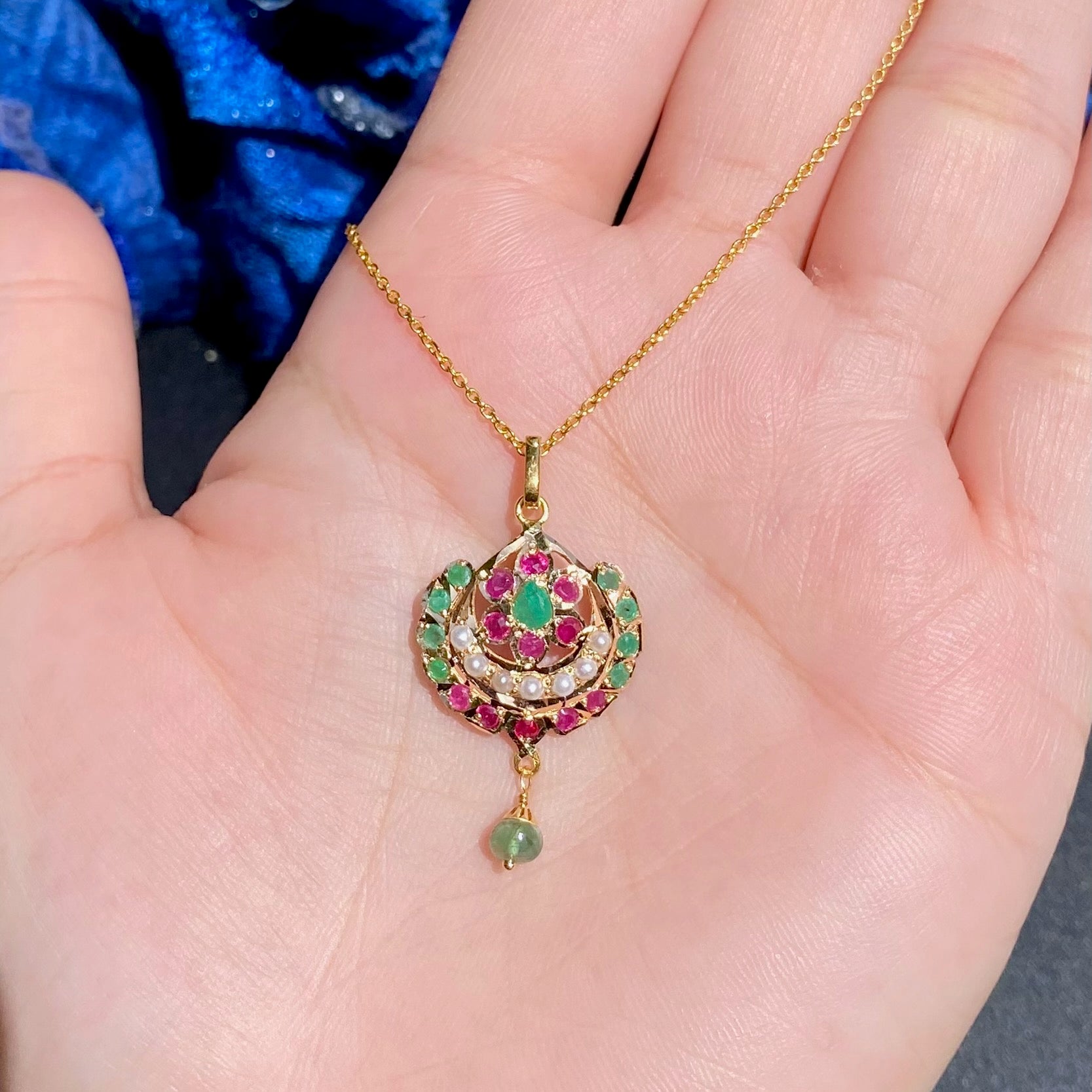 Ruby Emerald Jadau Pendant on 22k Gold | Studded with Precious Stones GP 022