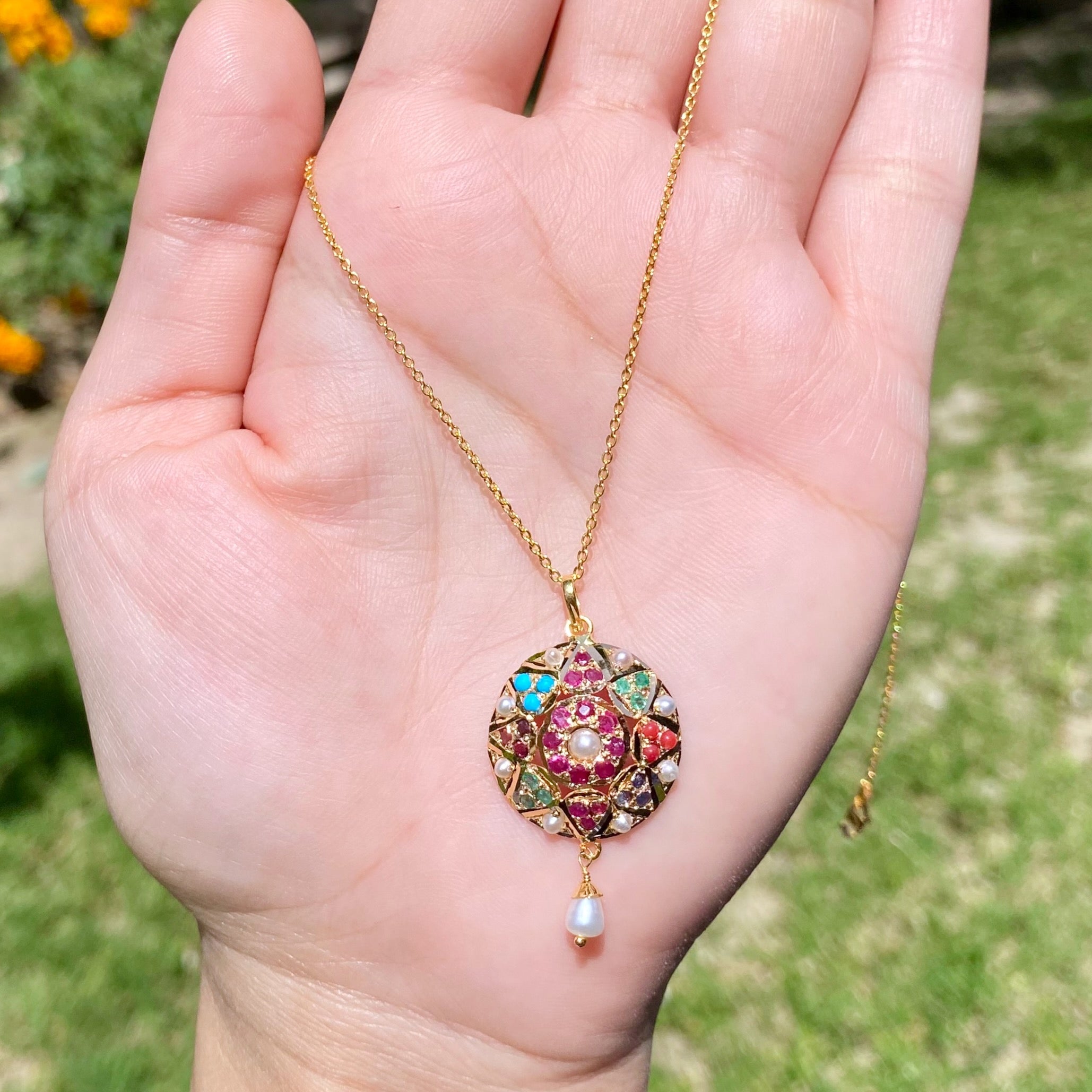 Round Navratna Pendant in 22k Gold GP 016