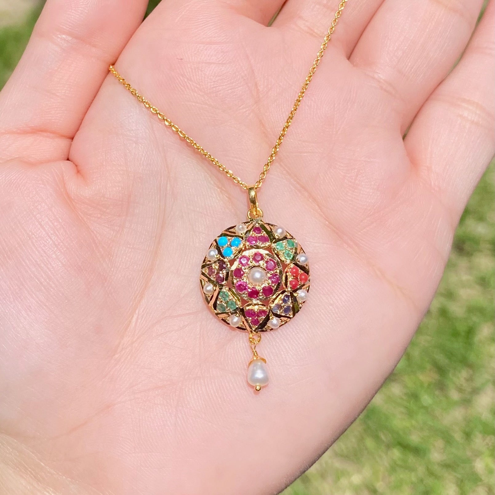 Round Navratna Pendant in 22k Gold GP 016