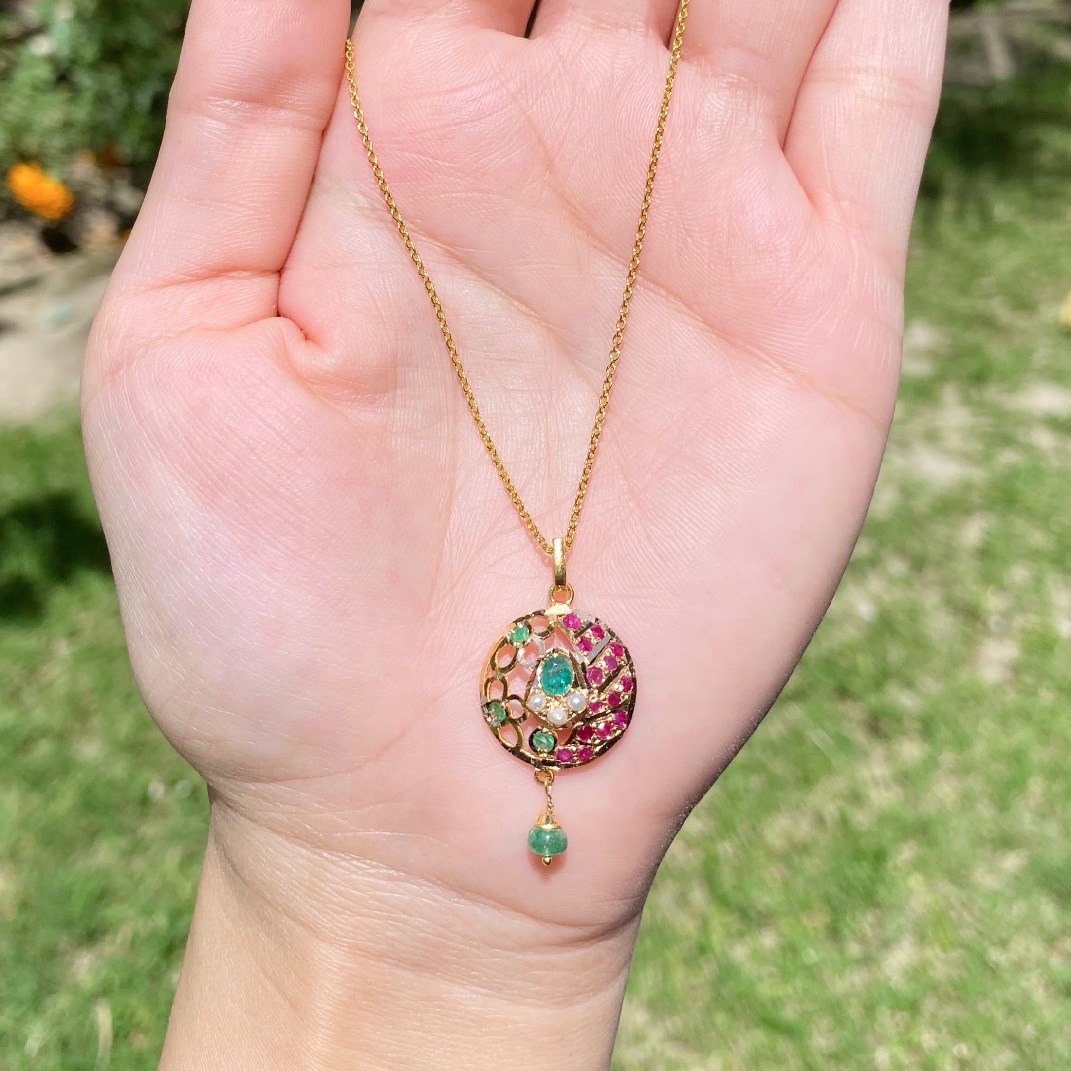 22k Gold Jadau Pendant | Precious Ruby Emerald & Pearls Studded GP 028