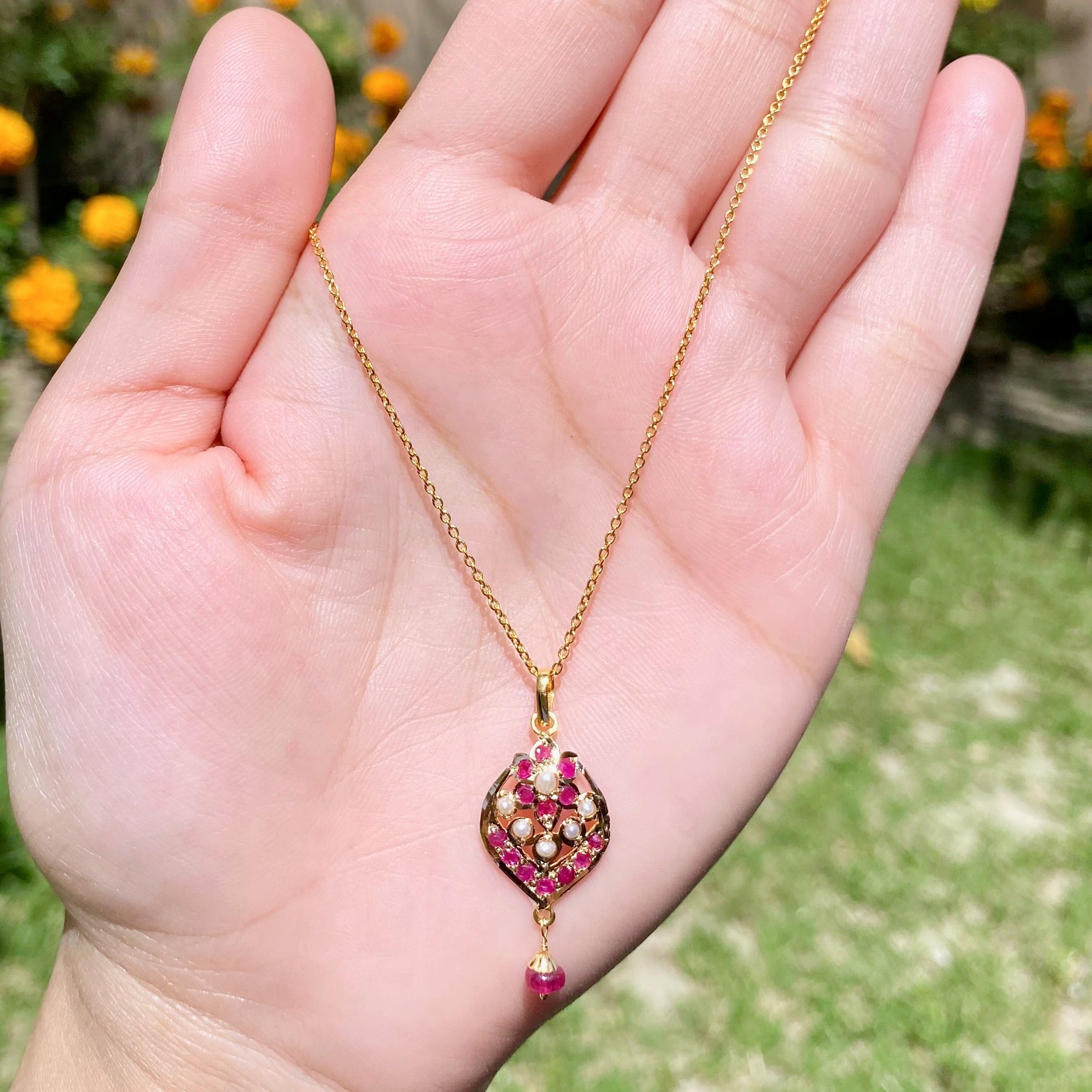 Jadau Pendant on Gold Studed with Pearls & Rubies GP 023