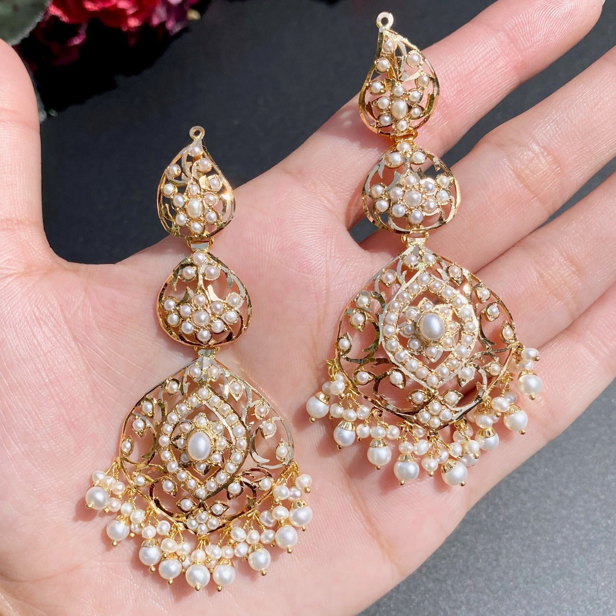 antique look 22k gold pearl earrings studded with pearls