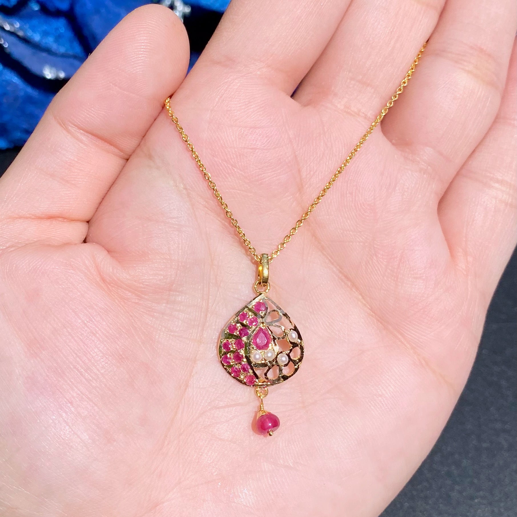 Delicate Jadau Pendant on 22k Gold | Pearls & Ruby Studded GP 025