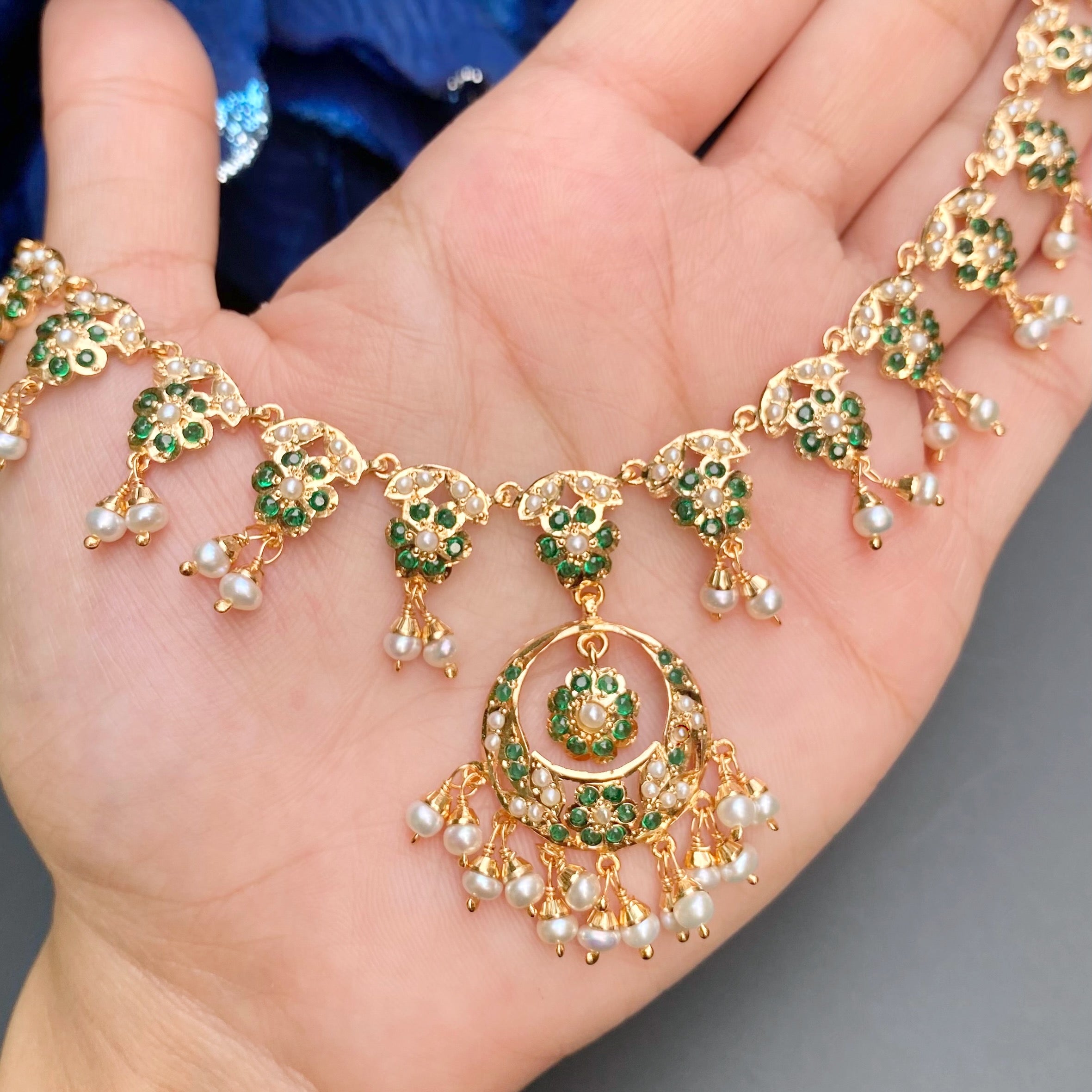 Delicate Emerald Pearl Necklace with Chandbali Earrings | Handcrafted Jadau Jewellery | NS 495