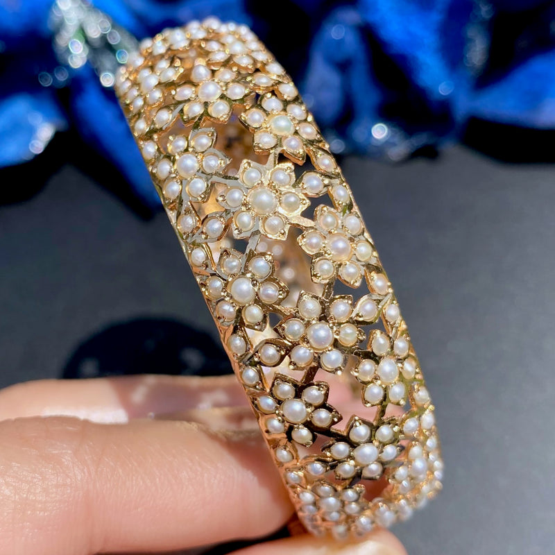 Floral Design Pearl Kada | Gold Plated on 925 Silver BG 176