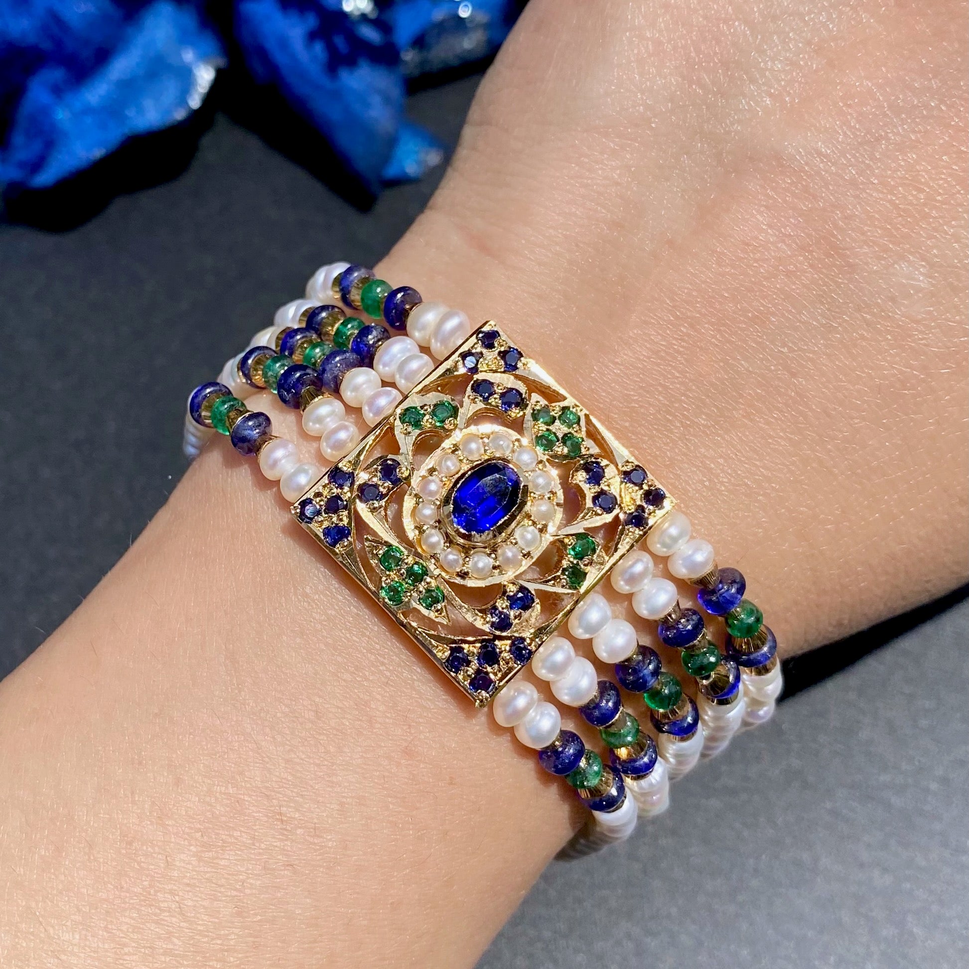 Traditional Jadau Bracelet in Blue Green Colors | Gold Plated on 925 Silver Base BG 173