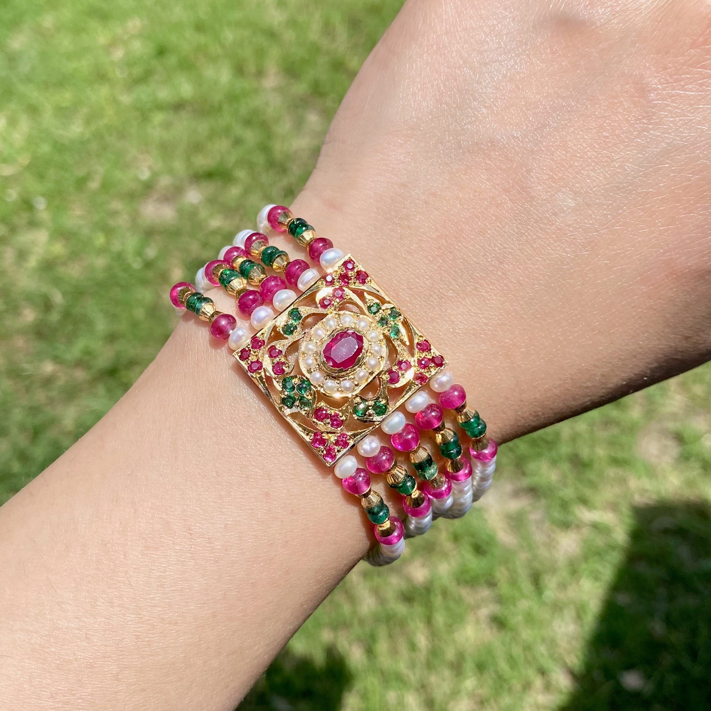 Traditional Jadau Bracelet in Red Green Colors | Gold Plated on 925 Silver Base BG 172
