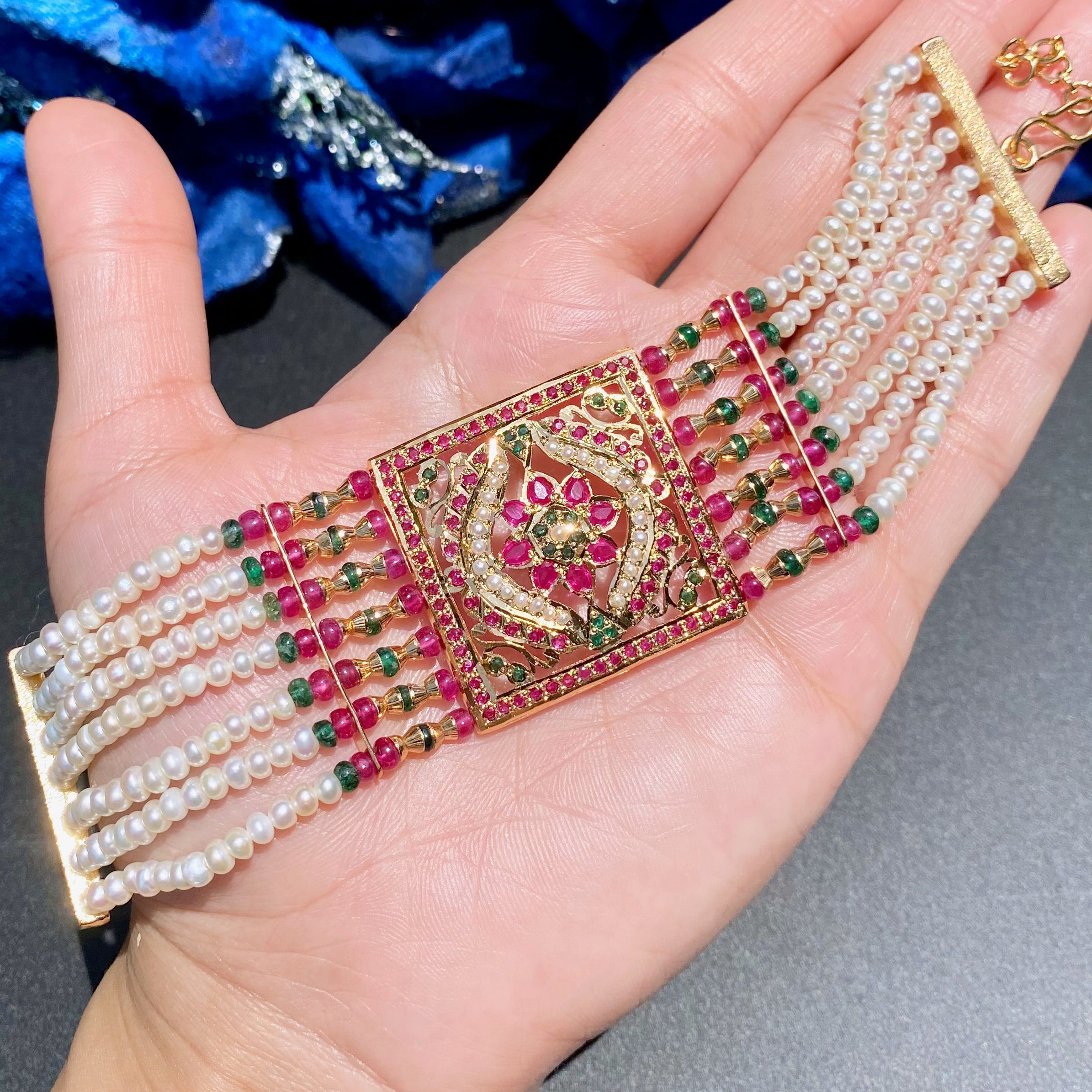 Exquisite Jadau Dast in Red-Green Color Combination | Gold Plated on 925 Silver Base BG 171
