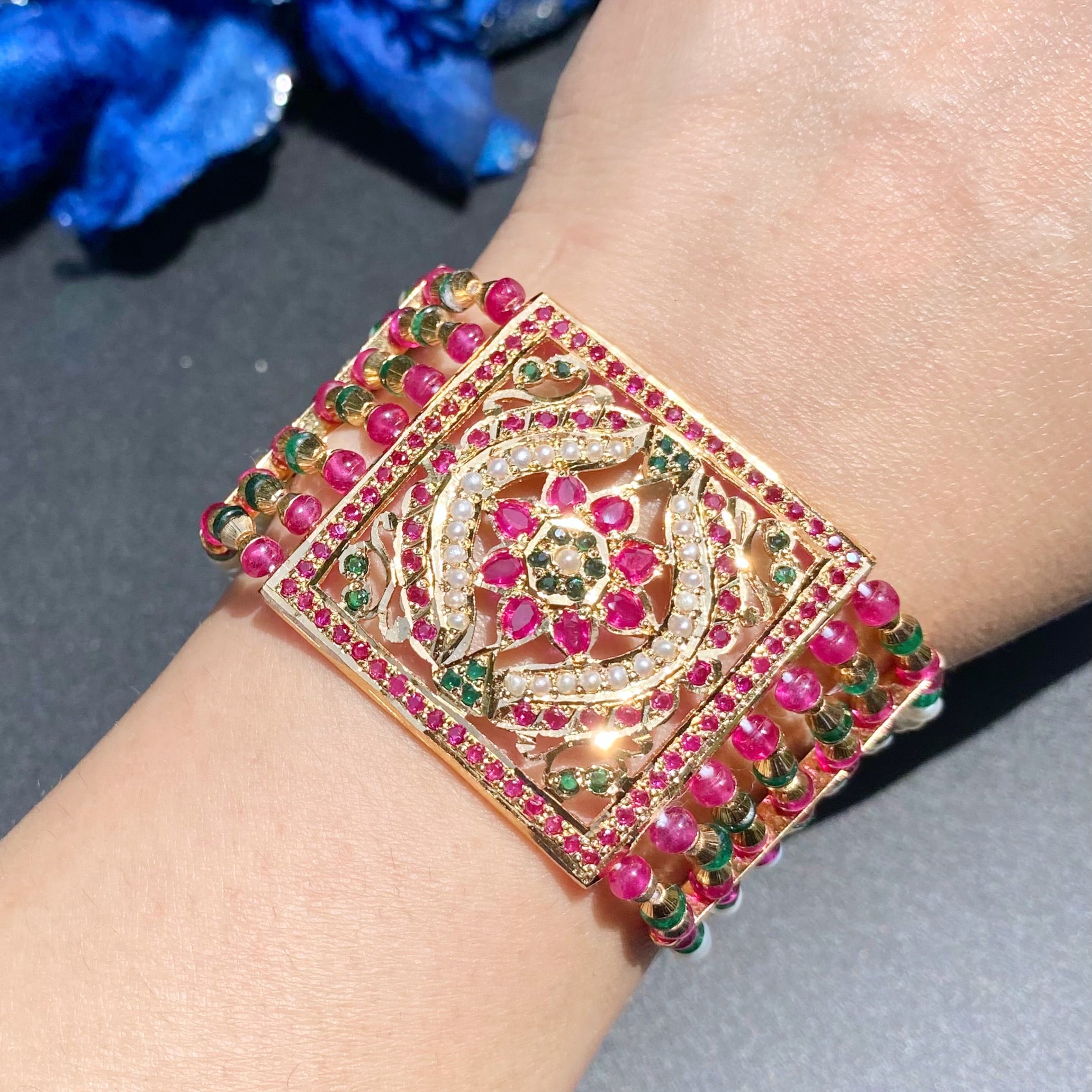 Exquisite Jadau Dast in Red-Green Color Combination | Gold Plated on 925 Silver Base BG 171
