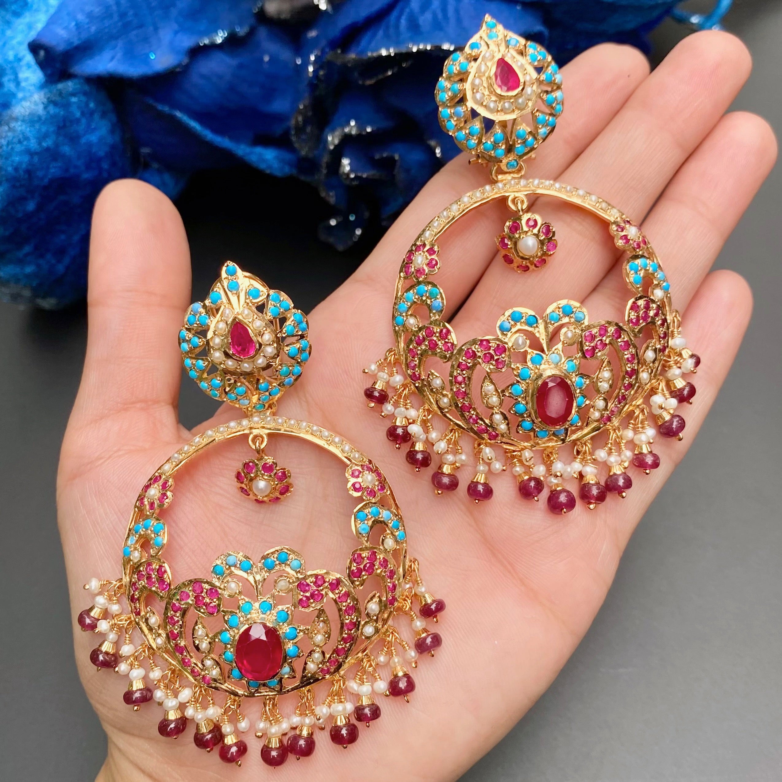 Amritsari Jadau Chandbali Earrings in Silver with Gold Plating  ER 049