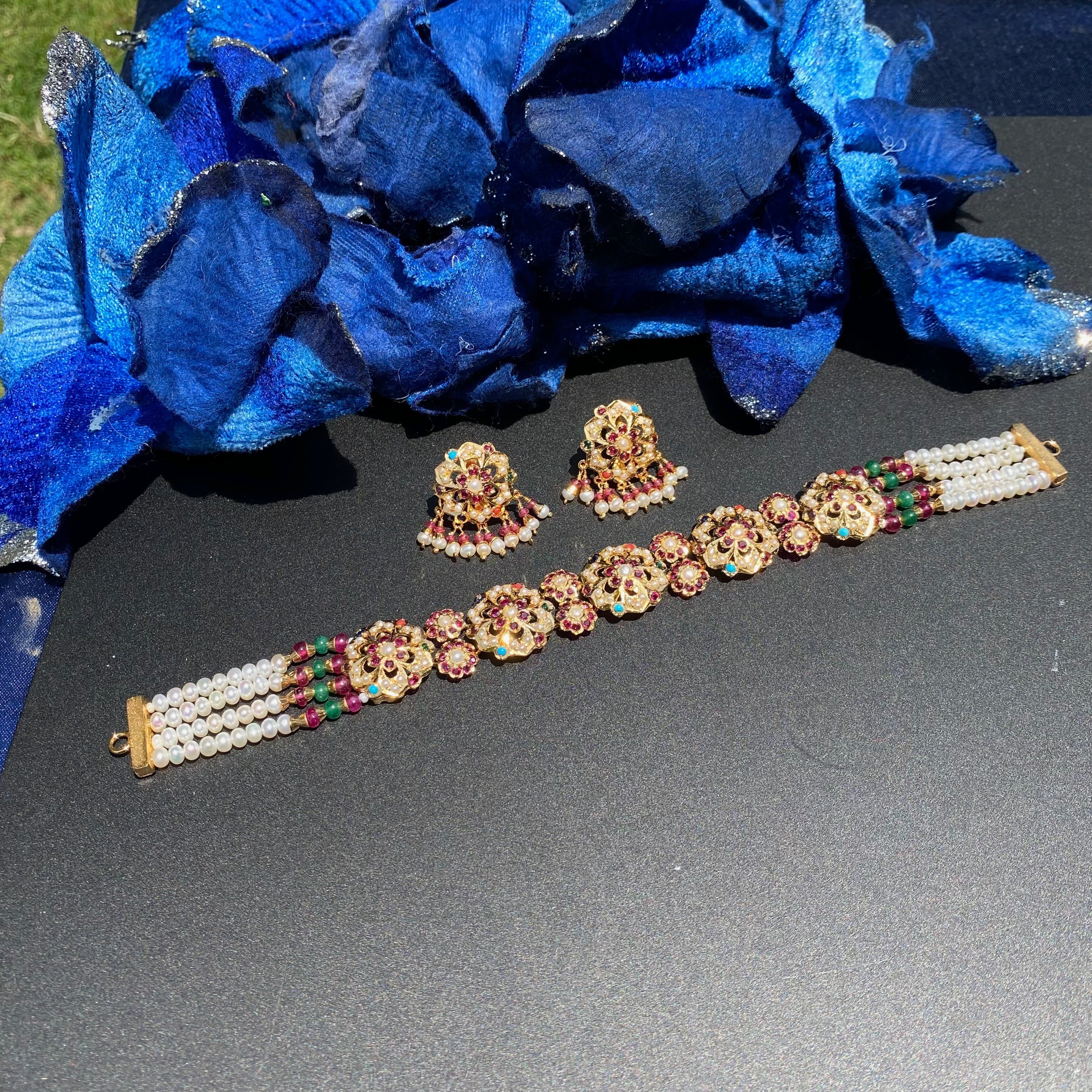 Sleek Floral Navratna Pearl Choker Set | Gold Plated on Silver NS 457