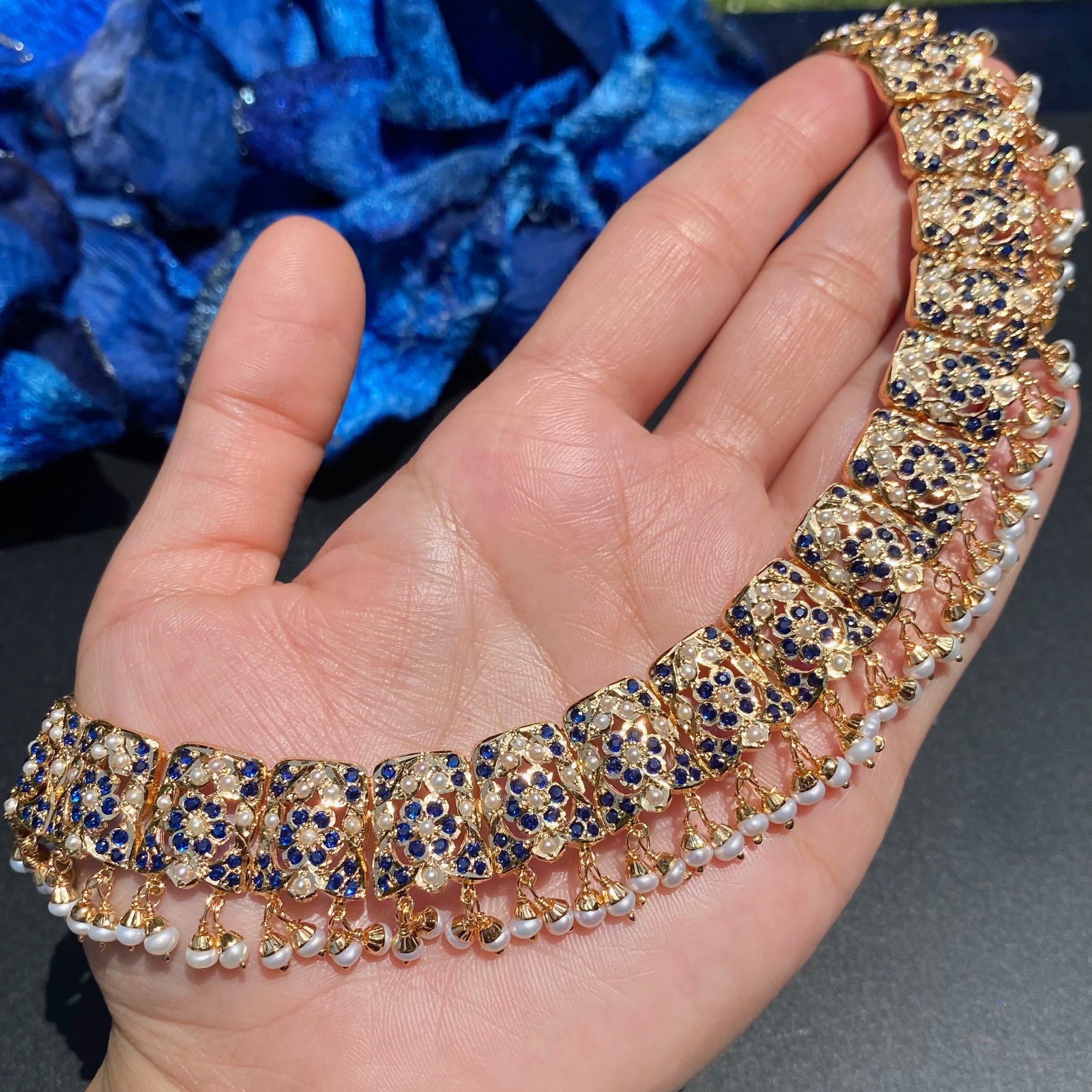Classic Jadau Necklace Set in Gold-Plated silver |  Deep Blue Stones and Fine Pearl Detailing NS 459