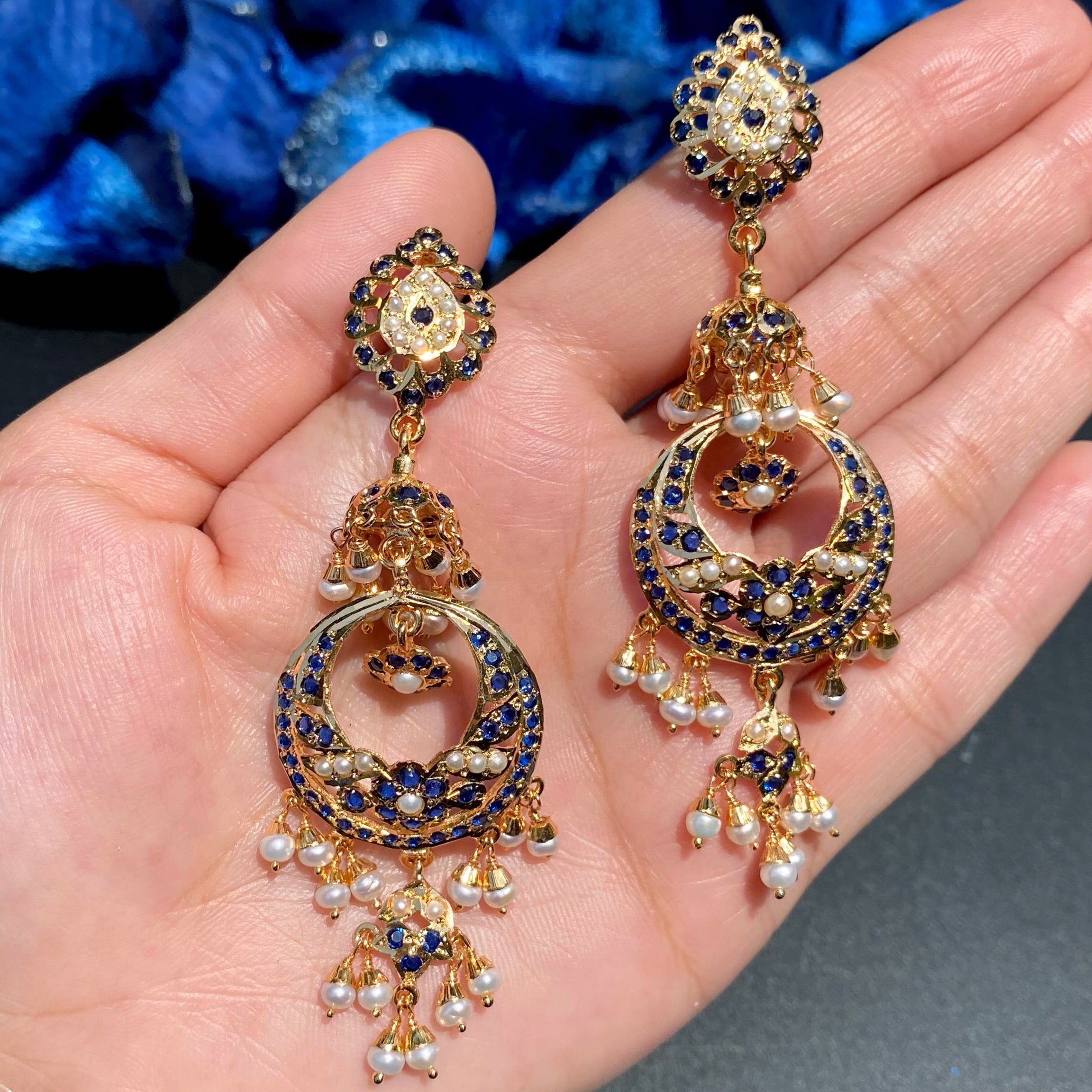 Classic Jadau Necklace Set in Gold-Plated silver |  Deep Blue Stones and Fine Pearl Detailing NS 459
