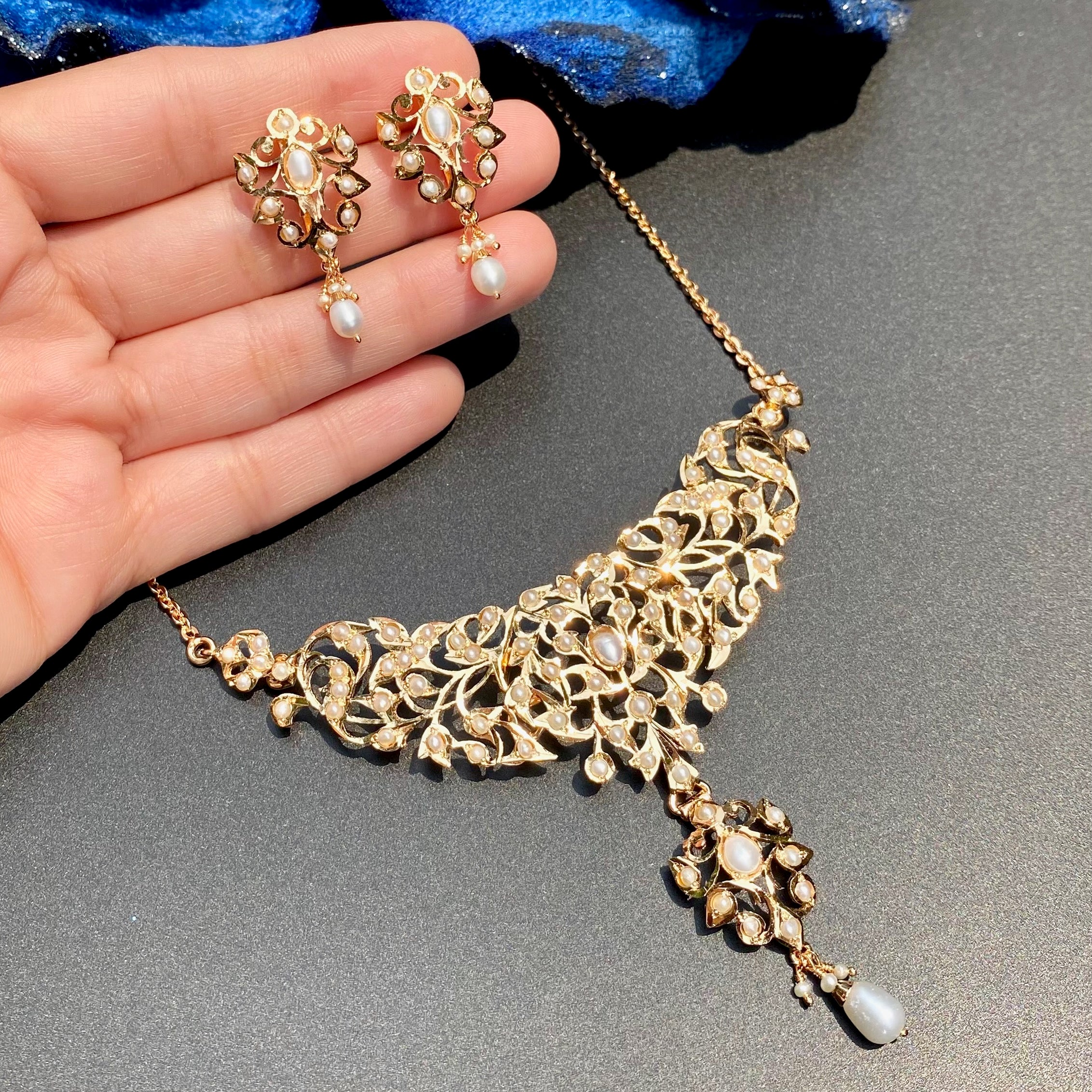 Pearl Floral Openwork Necklace Set | Indo Western Design|  Gold Plated on Silver  NS 462