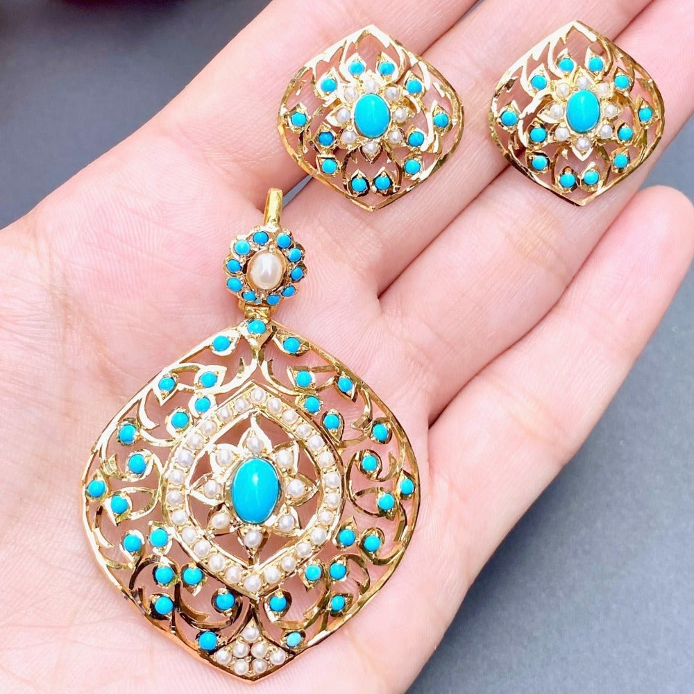 vintage rajasthani gold pendant set studded with pearls and turquoise