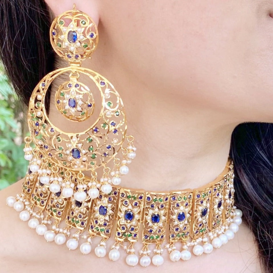 bridal pakistani choker set in gold plated silver with large chandbali earrings