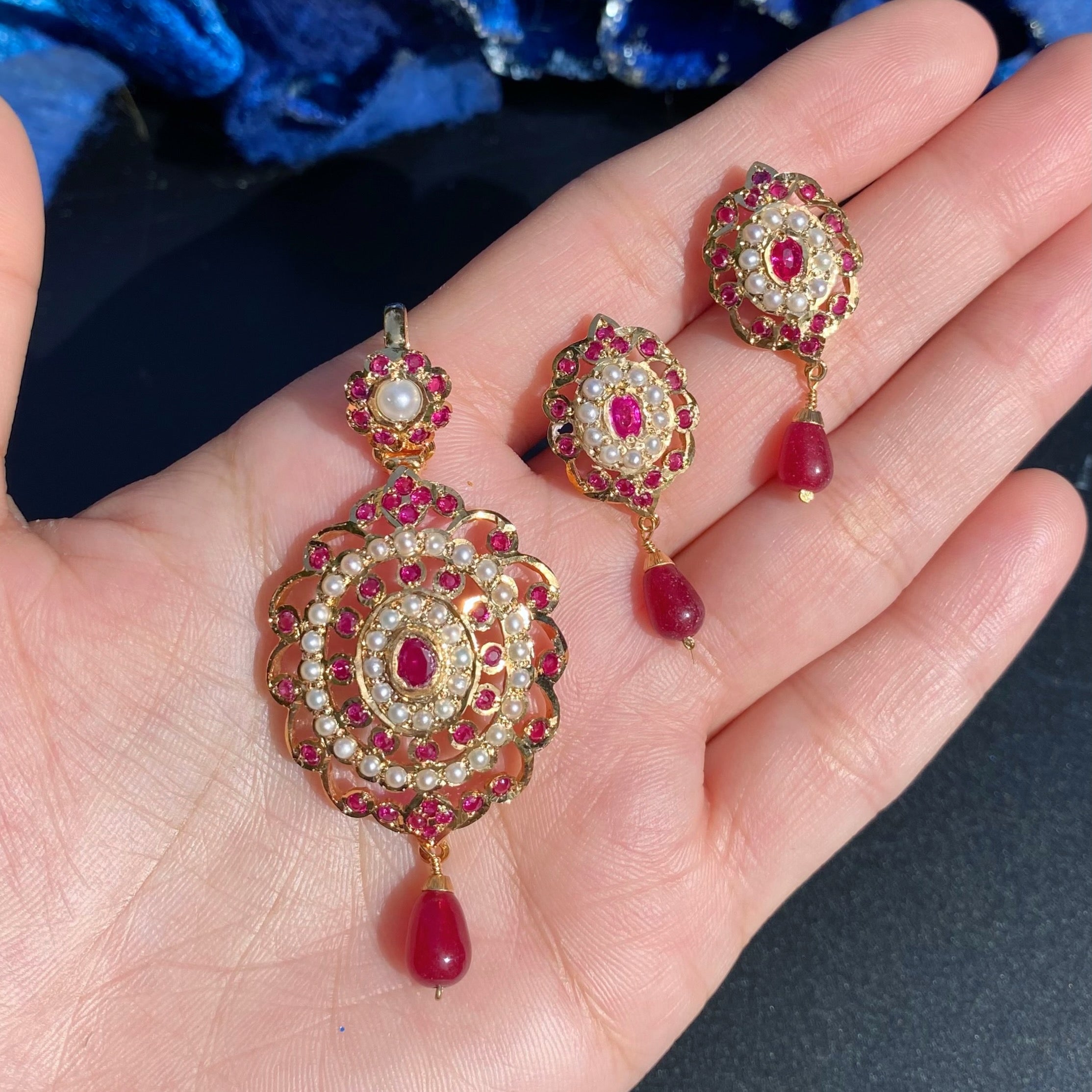 Ruby Pearl Floral Jadau Pendant Set | Gold Plated on Silver PS 142