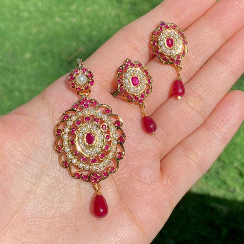 Ruby Pearl Floral Jadau Pendant Set | Gold Plated on Silver PS 142
