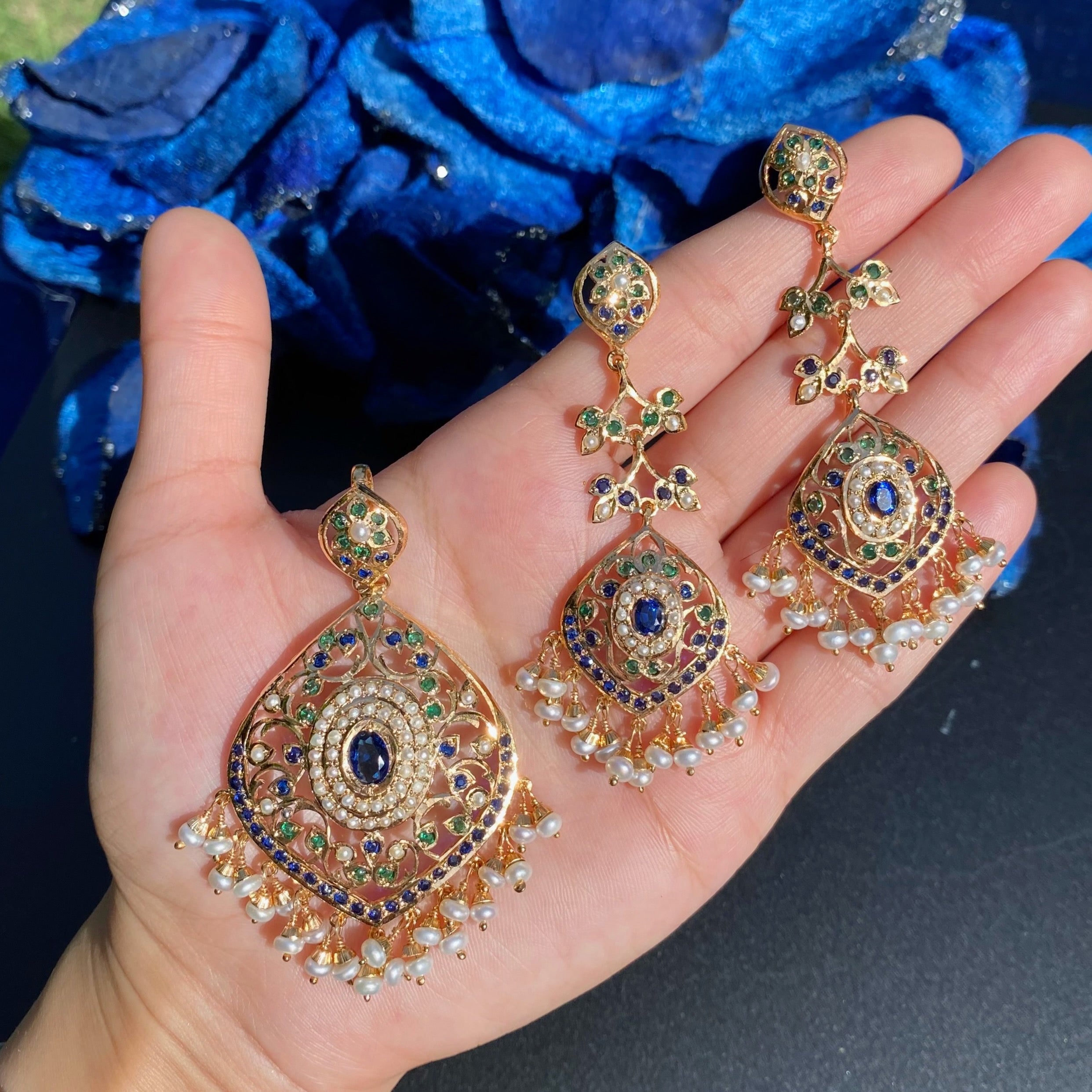 Blue Green Colors Jadau Pendant with Long Earrings | Gold Plated on Silver PS 141