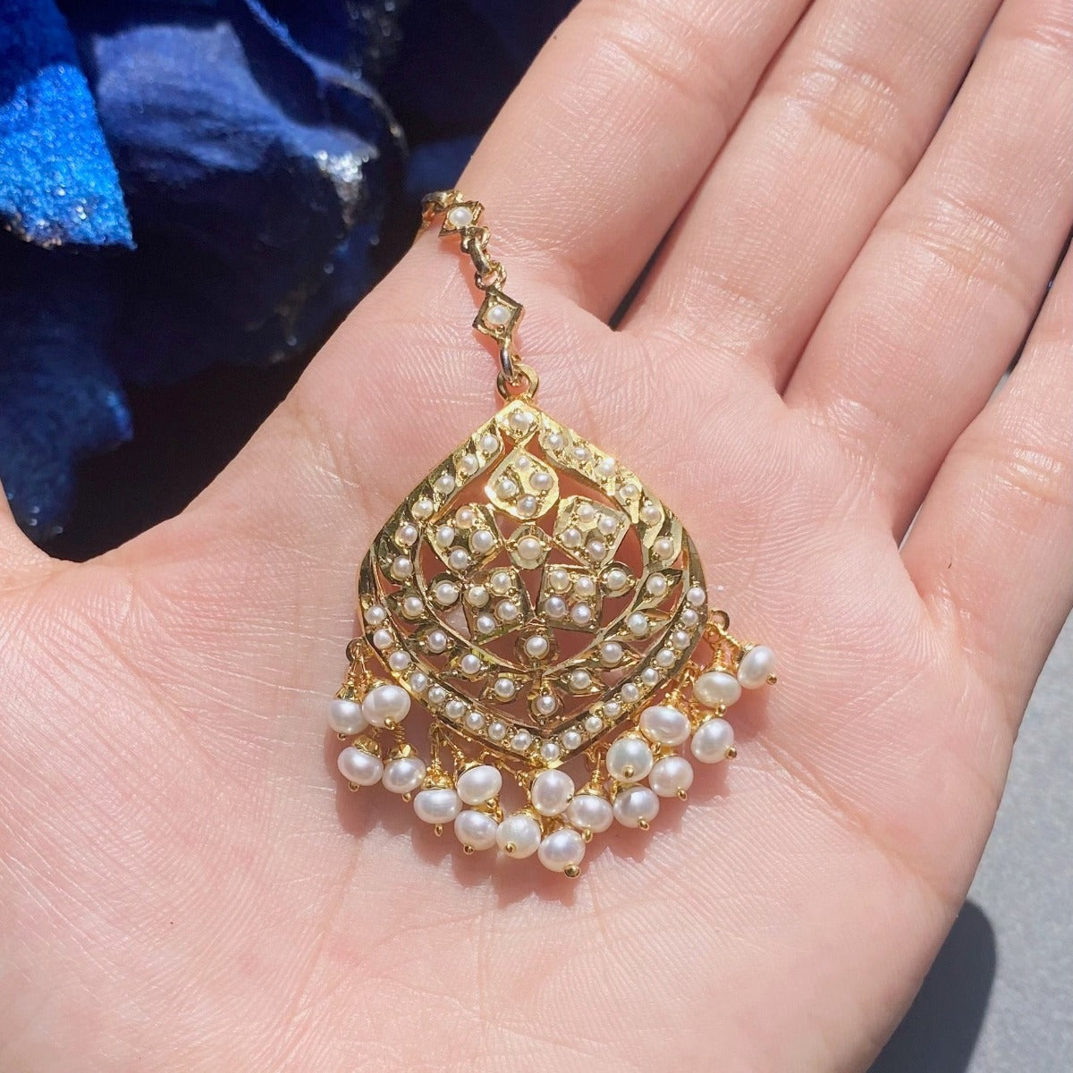 Gold Plated Pearl Maang Tikka in Silver TK 081