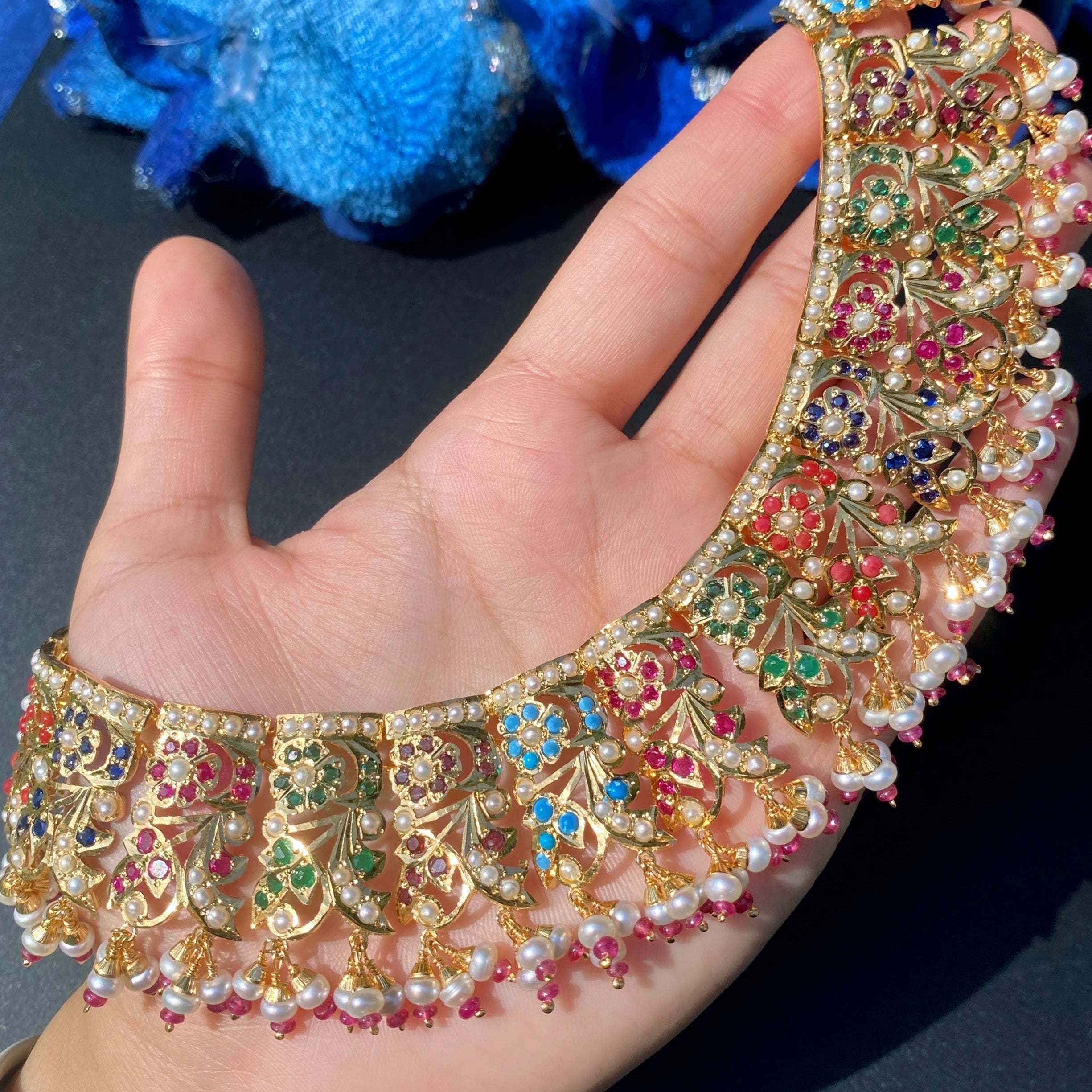Broad Floral Navratna Guluband Paired with Chandbalis | Gold Plated on Silver NS 452