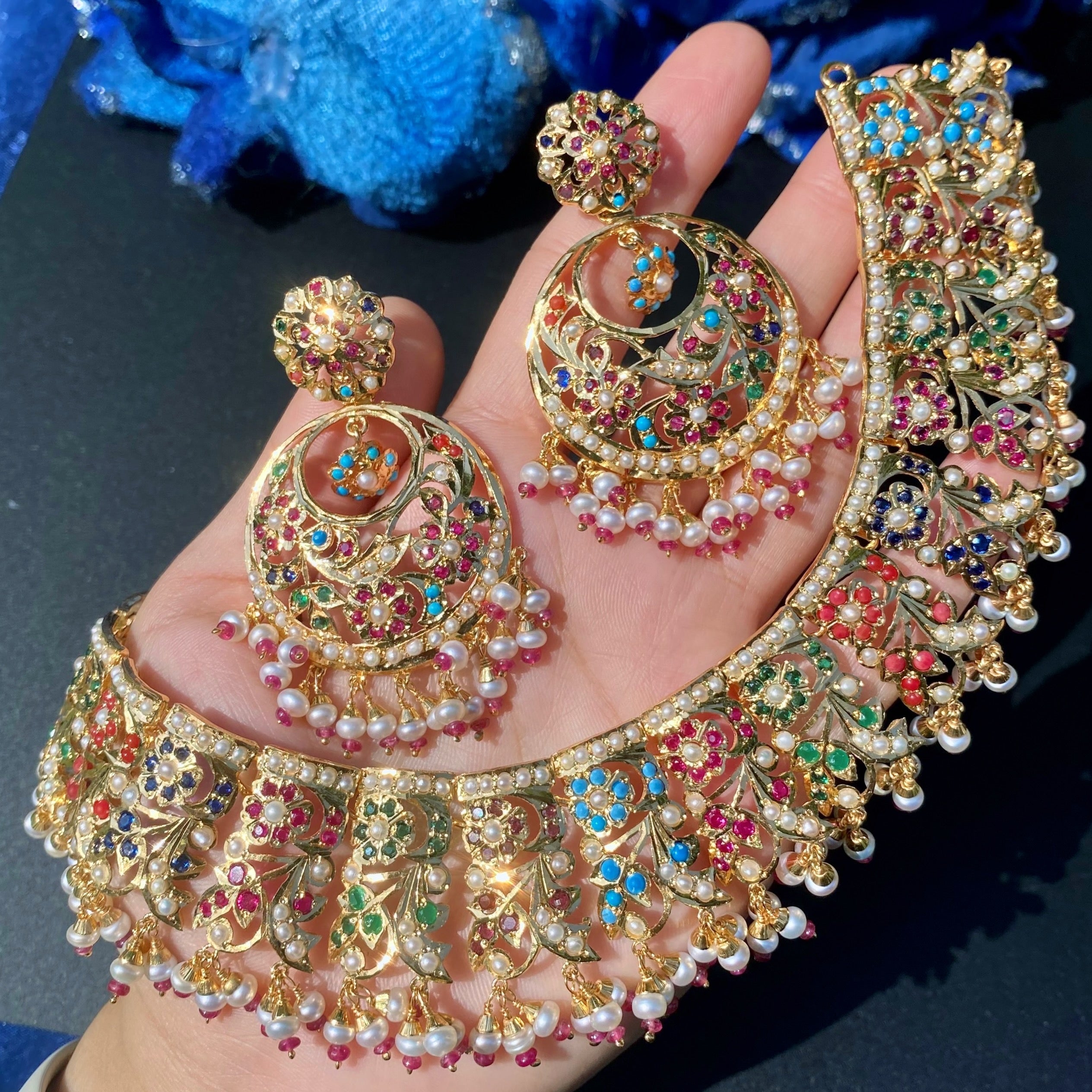 Broad Floral Navratna Guluband Paired with Chandbalis | Gold Plated on Silver NS 452