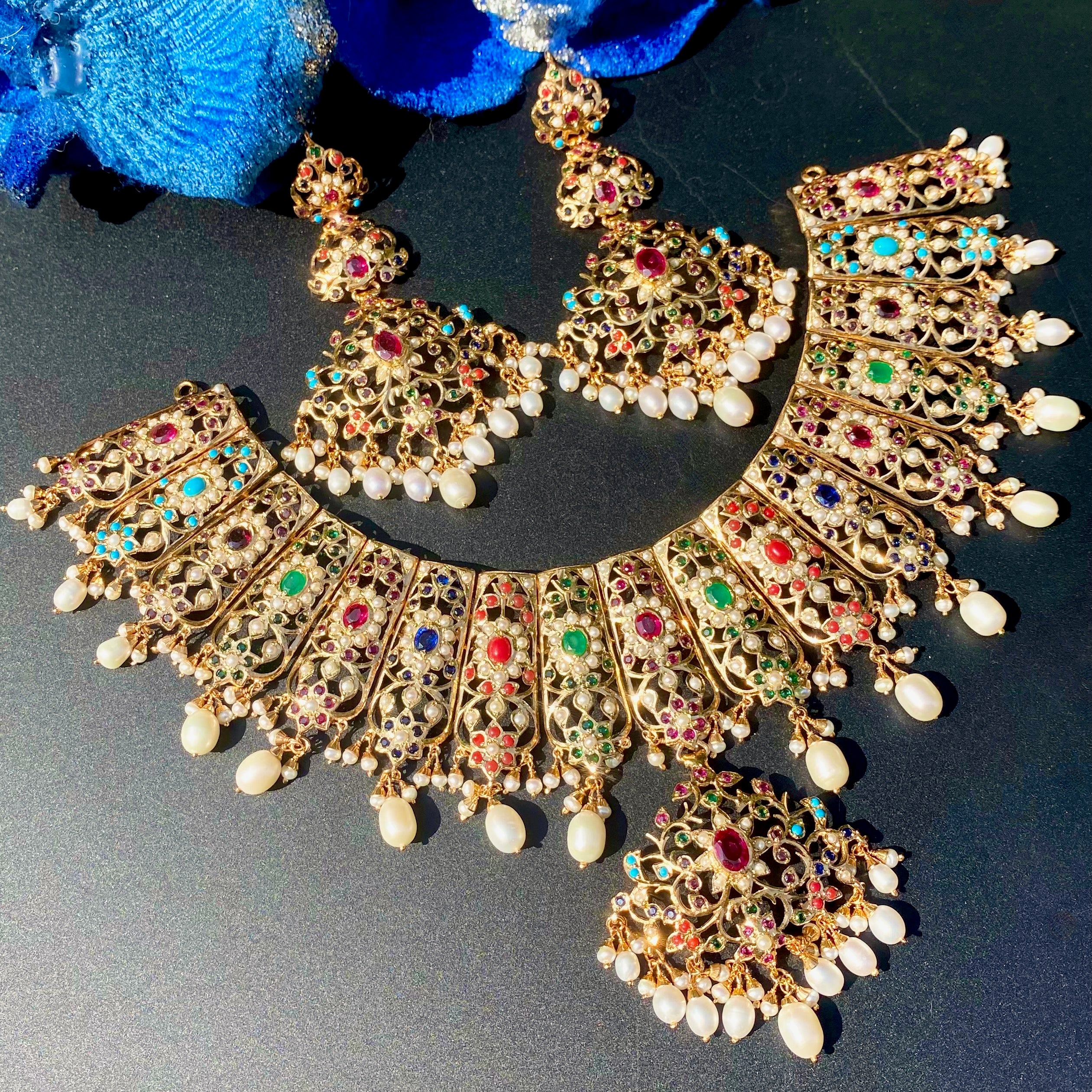 Bridal Wear Jadau Necklace Set | Navratna Jewelry Gold Plated on 925 Silver NS 450