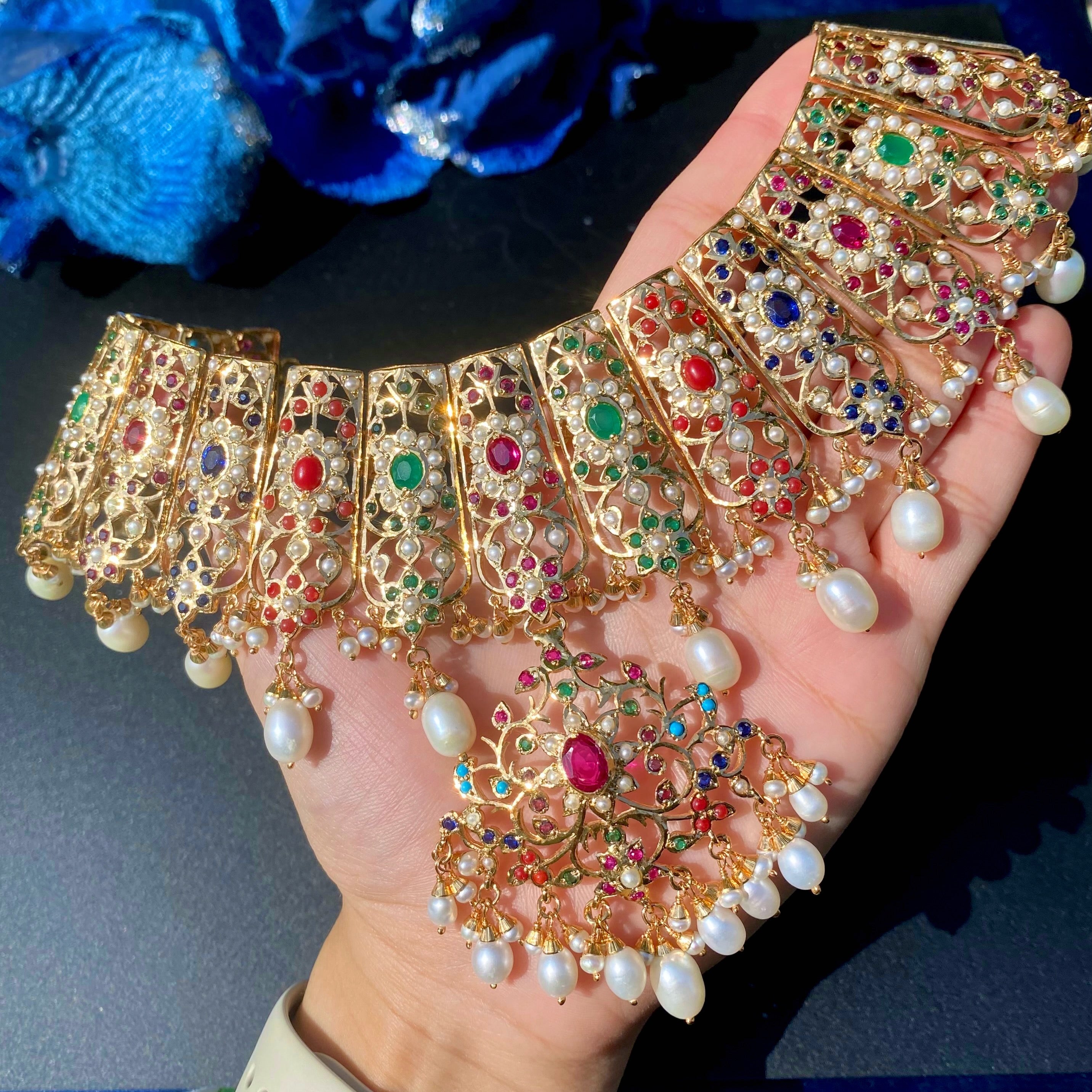 Bridal Wear Jadau Necklace Set | Navratna Jewelry Gold Plated on 925 Silver NS 450