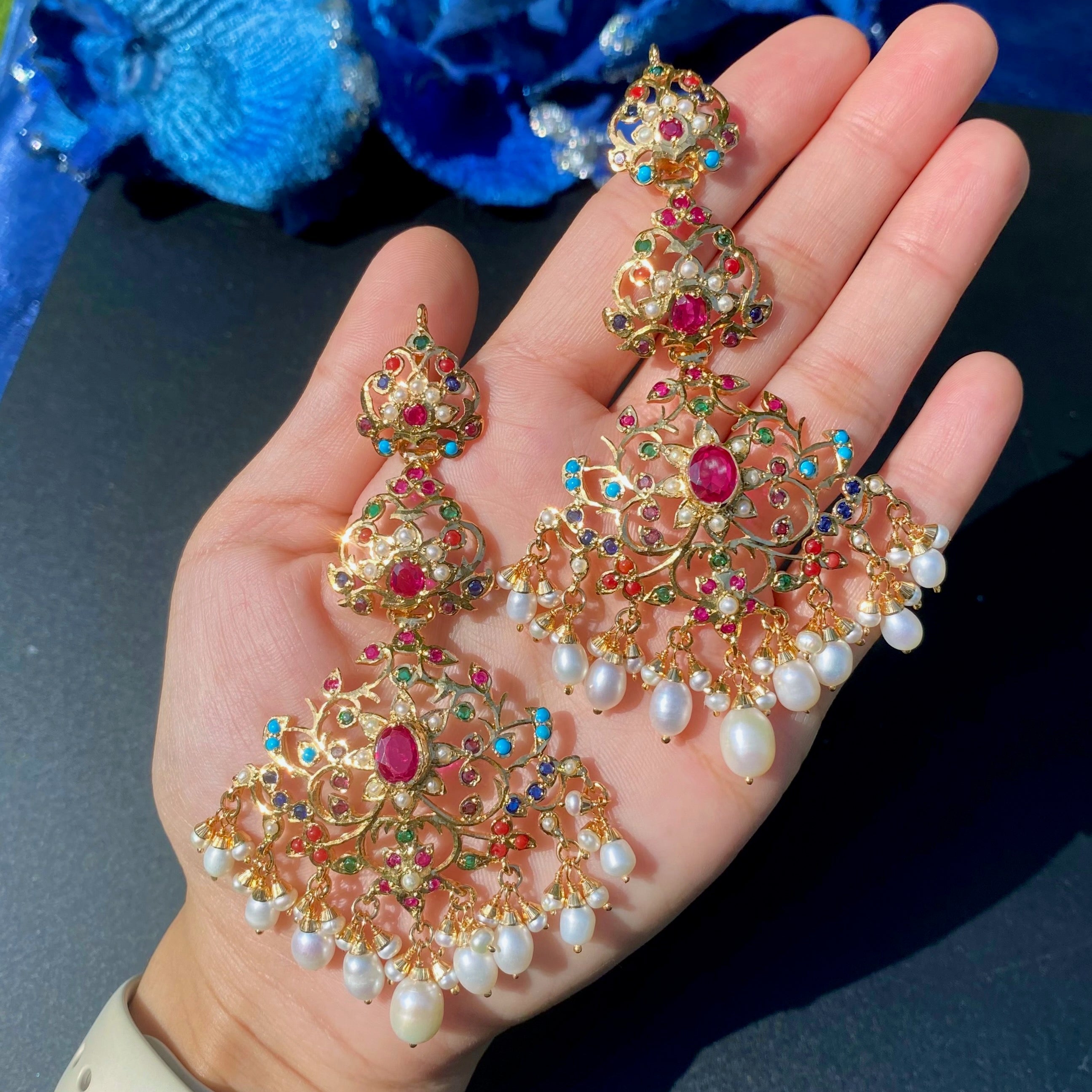 Bridal Wear Jadau Necklace Set | Navratna Jewelry Gold Plated on 925 Silver NS 450