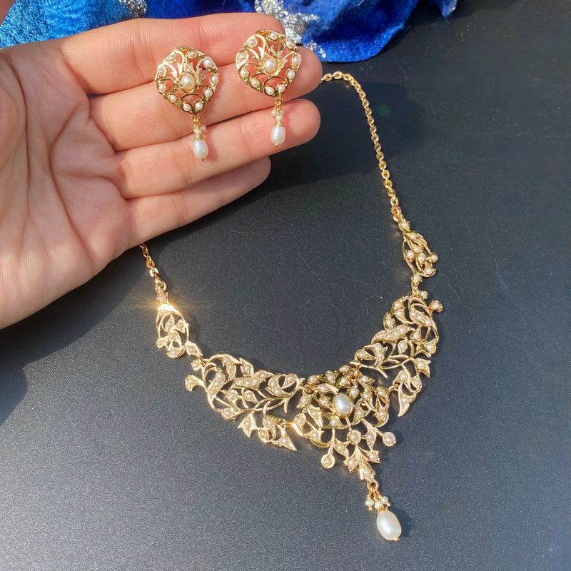 Delicate Pearl Floral Jadau Necklace Set | Gold Plated on 925 Silver NS 460