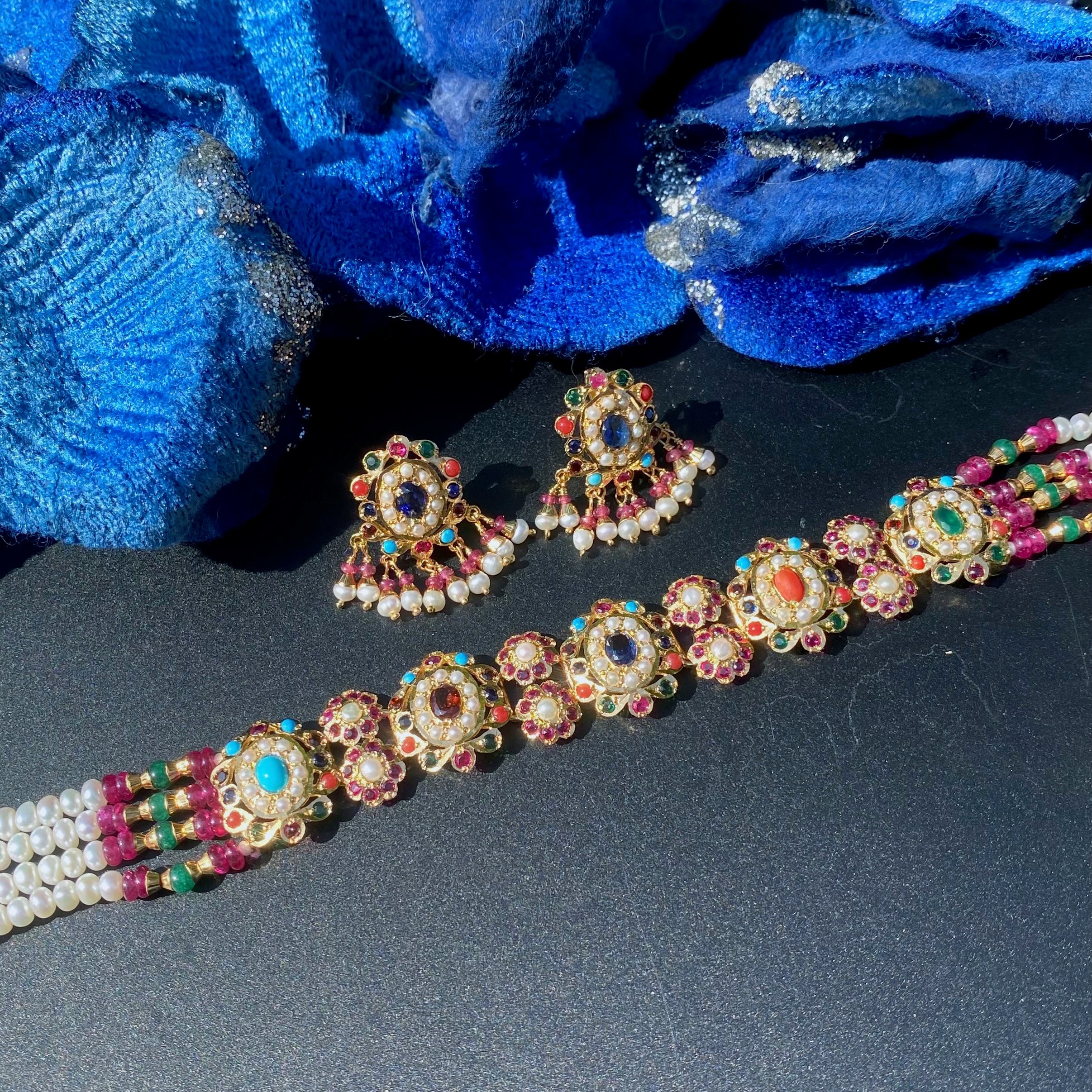 Floral Navratna Pearl Choker Set | Gold Plated Silver NS 472
