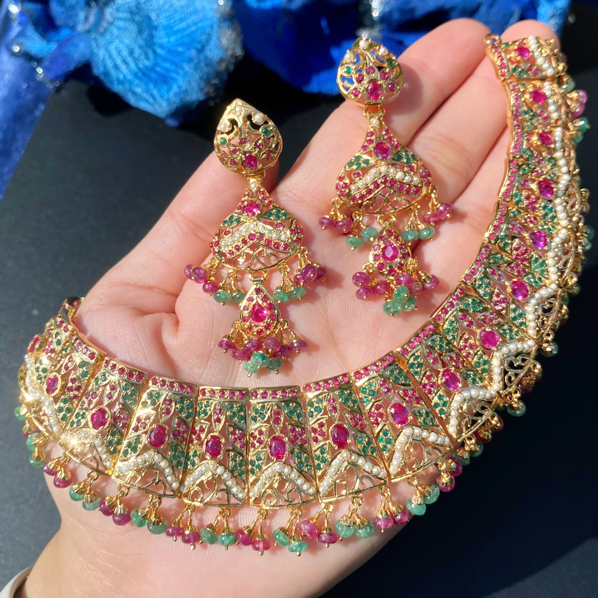 Gold Plated Jadau Necklace Set in Silver NS 054