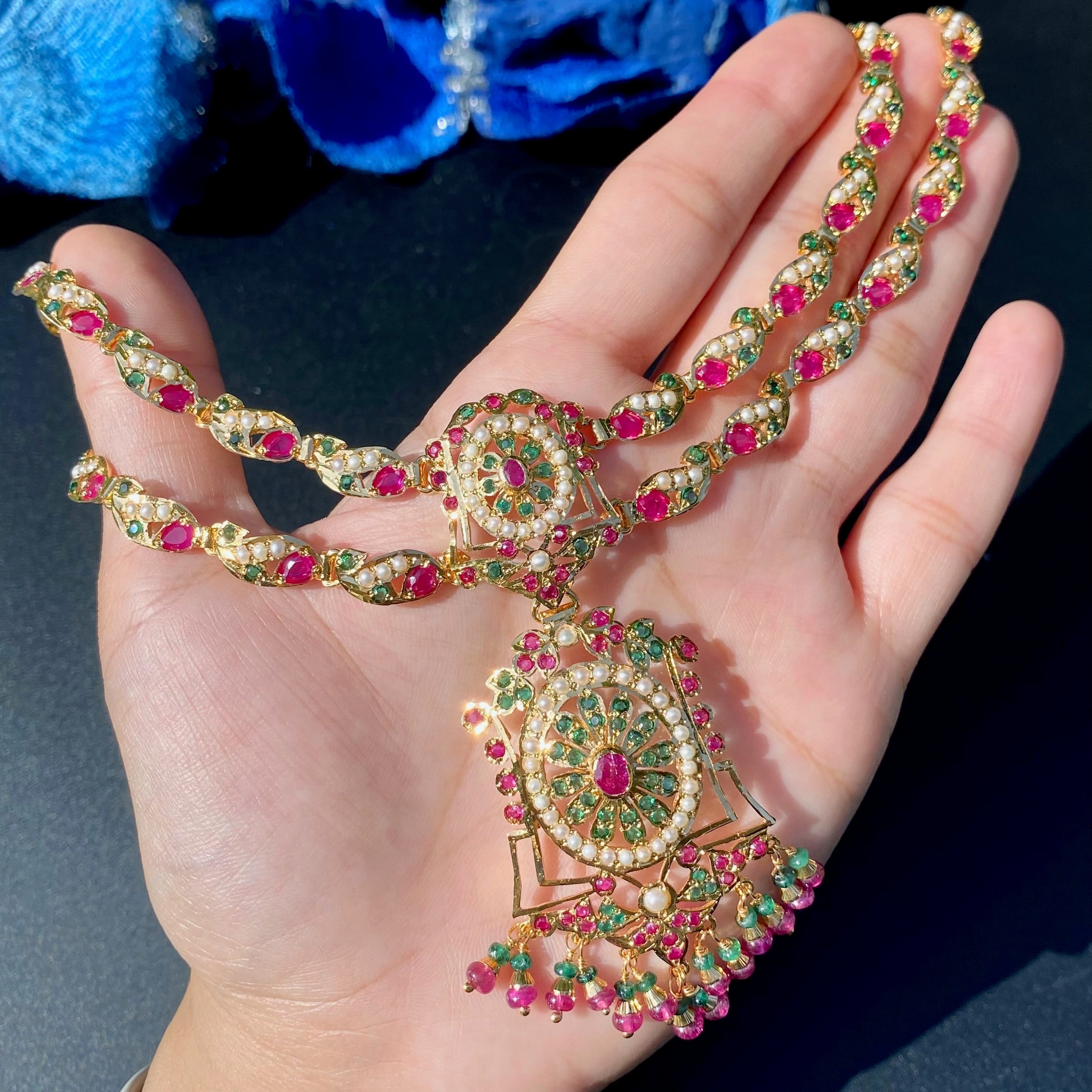 Ruby-Green Pearl Jadau Pendant Choker Set | Gold Plated Silver NS 449