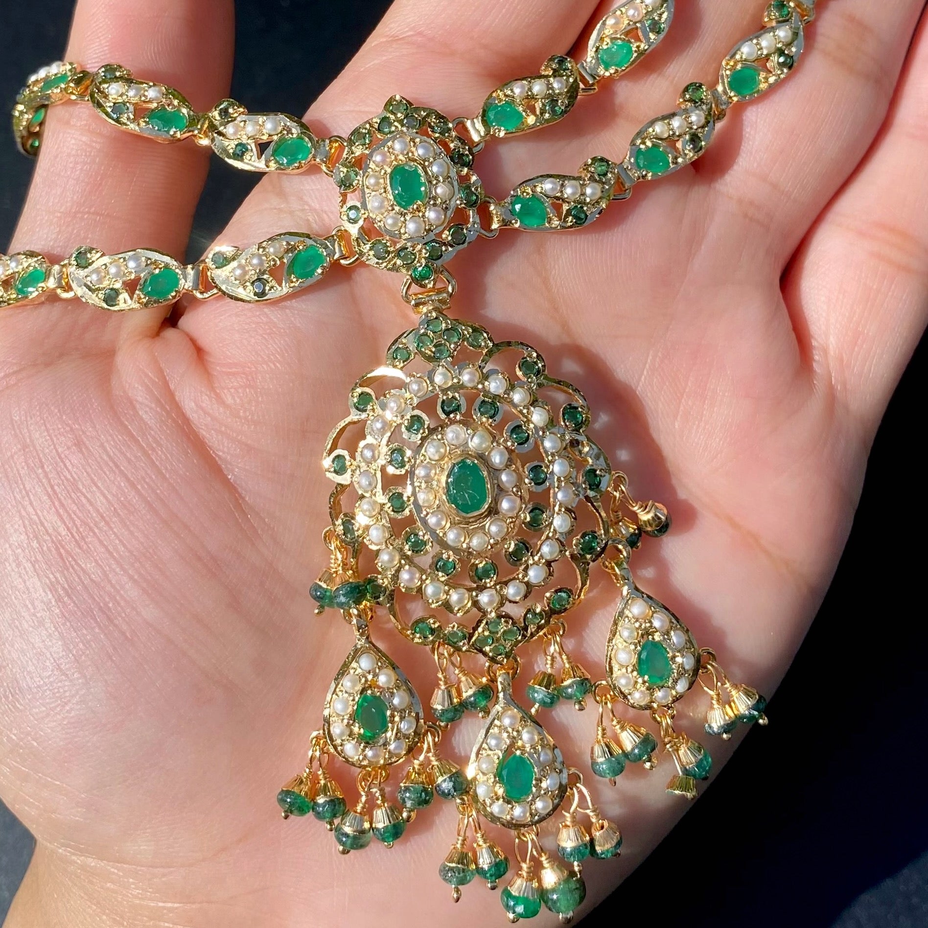 Intricate Jadau Necklace Set in 925 Silver Base | Pearl & Emerald Green Combination NS 451