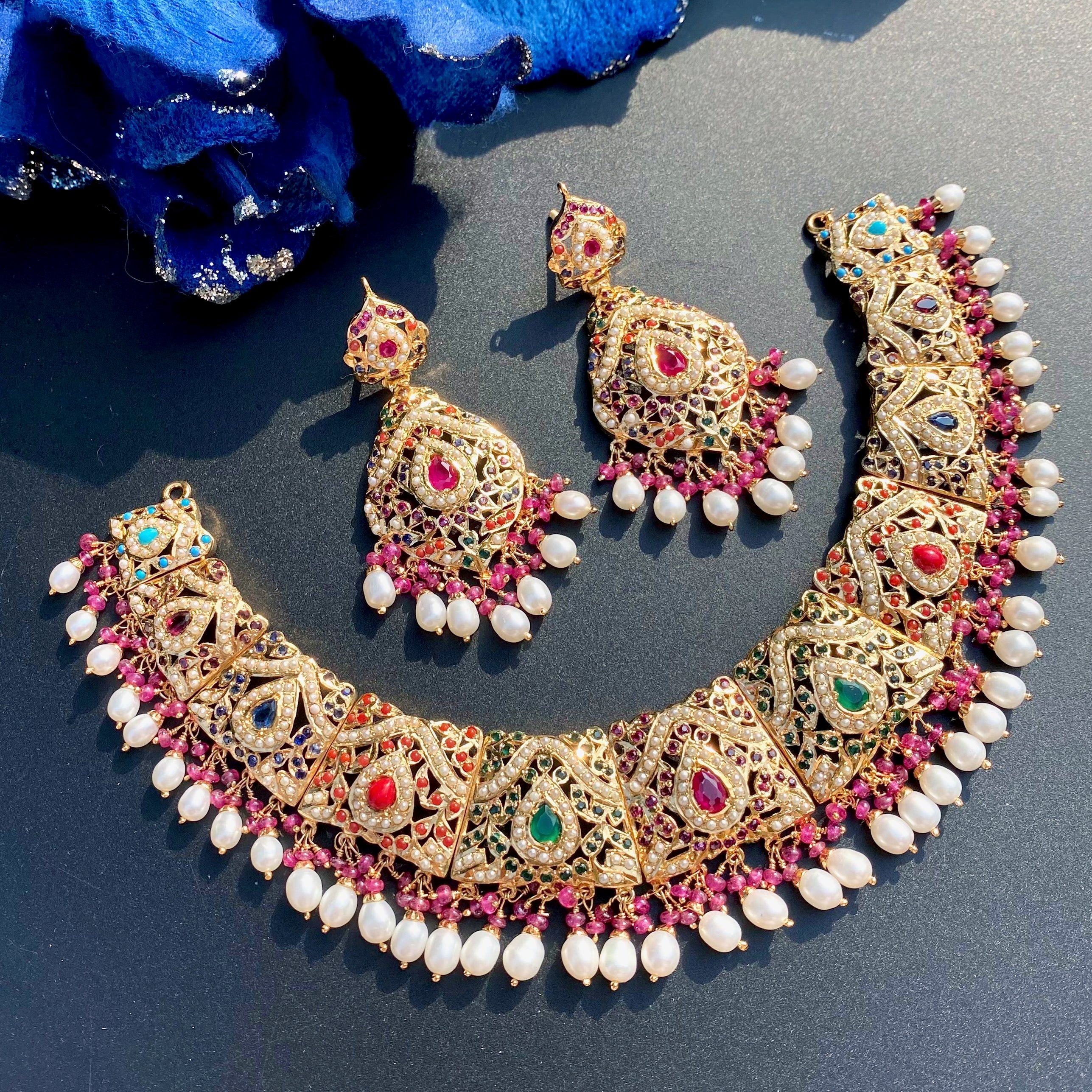 Navratna-Inspired Exquisite Jadau Collar Set | Gold Plated on 925 Silver NS 466