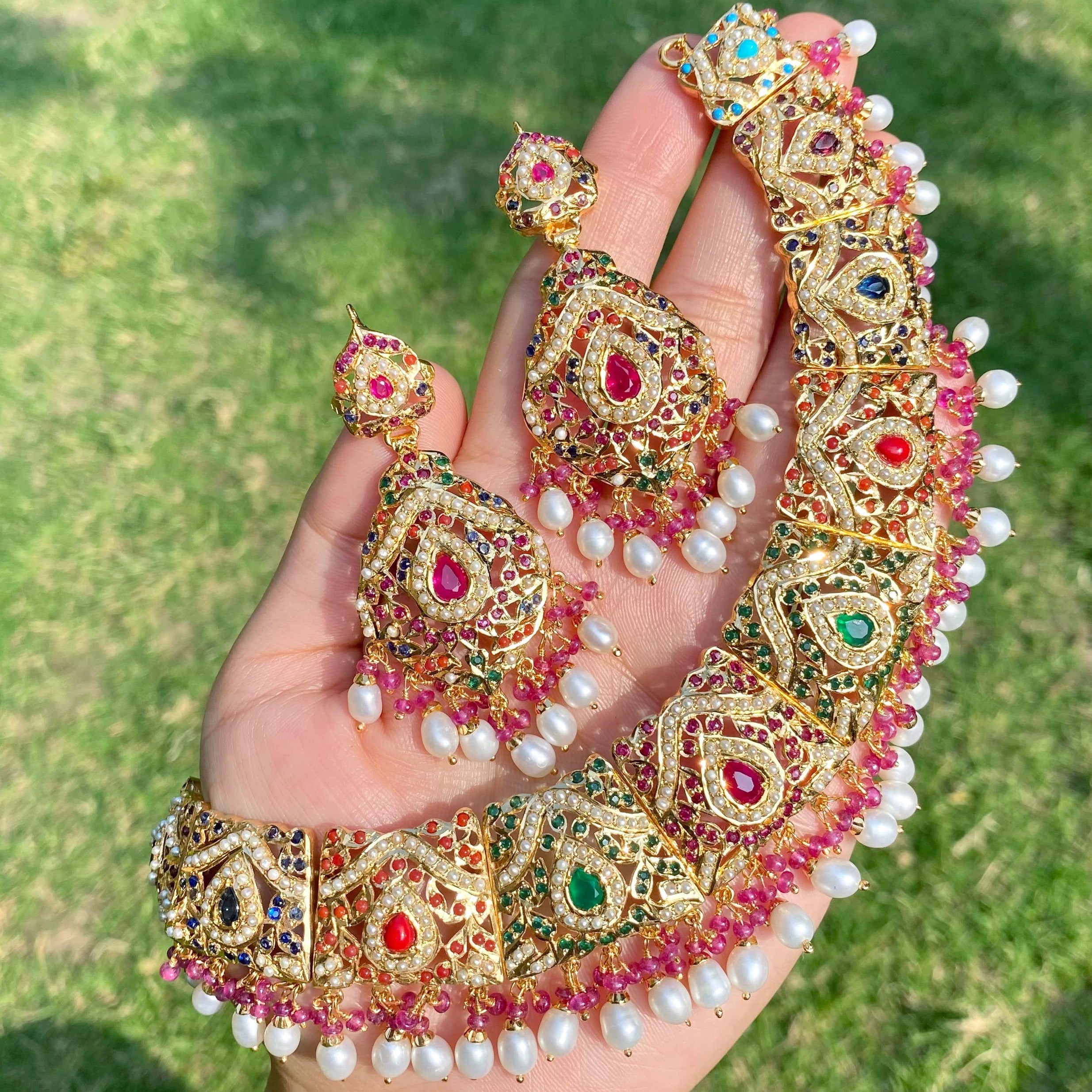 Navratna-Inspired Exquisite Jadau Collar Set | Gold Plated on 925 Silver NS 466